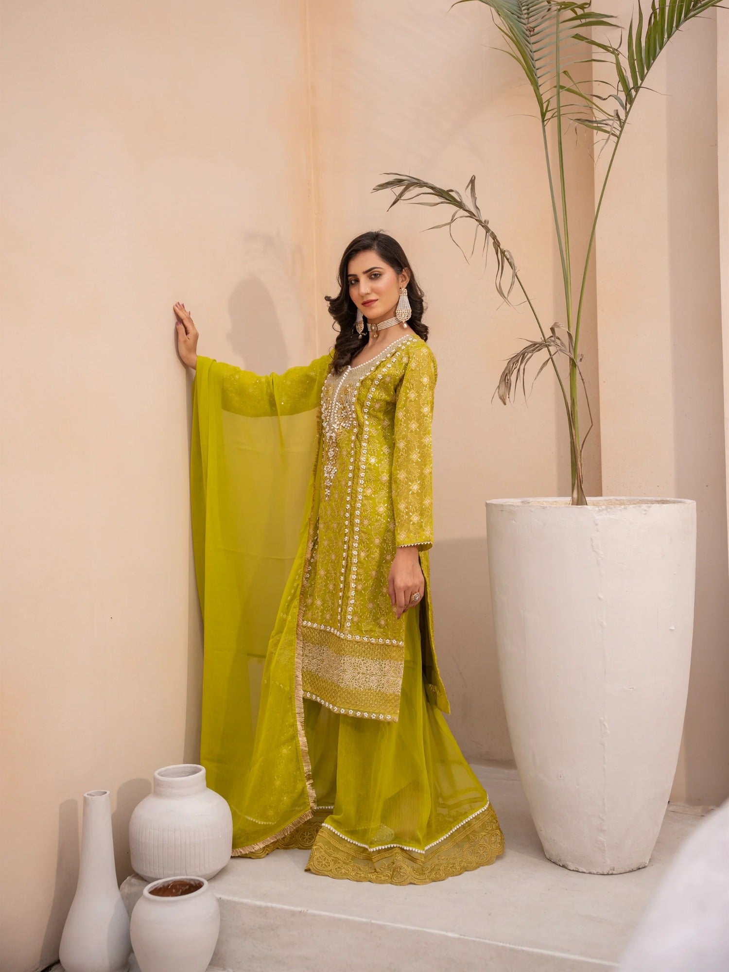 Yellow Manahil Arts Chiffon Embellished Stitched 3-Piece Suit-MS-05-Chartreuse