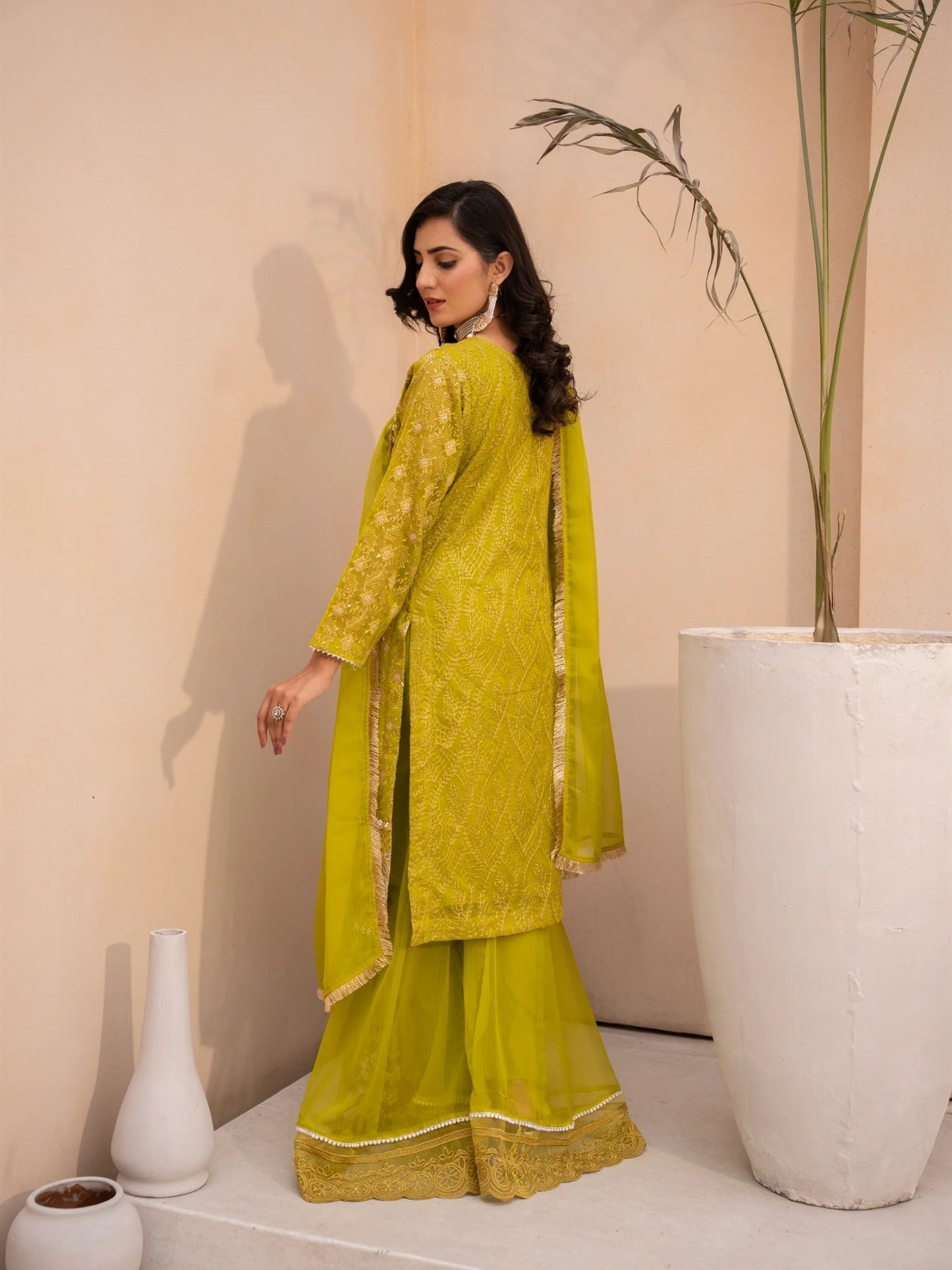 Yellow Manahil Arts Chiffon Embellished Stitched 3-Piece Suit-MS-05-Chartreuse