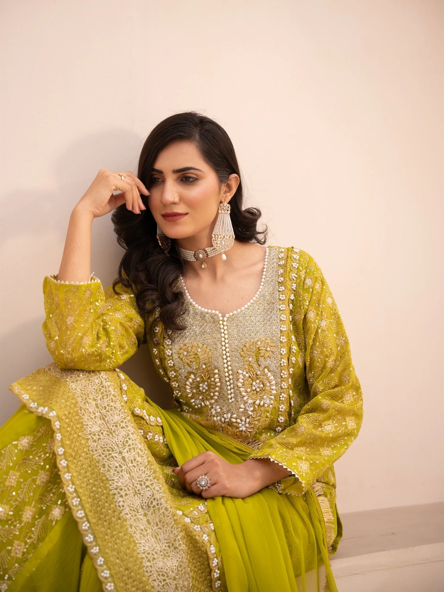 Yellow Manahil Arts Chiffon Embellished Stitched 3-Piece Suit-MS-05-Chartreuse