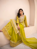Yellow Manahil Arts Chiffon Embellished Stitched 3-Piece Suit-MS-05-Chartreuse