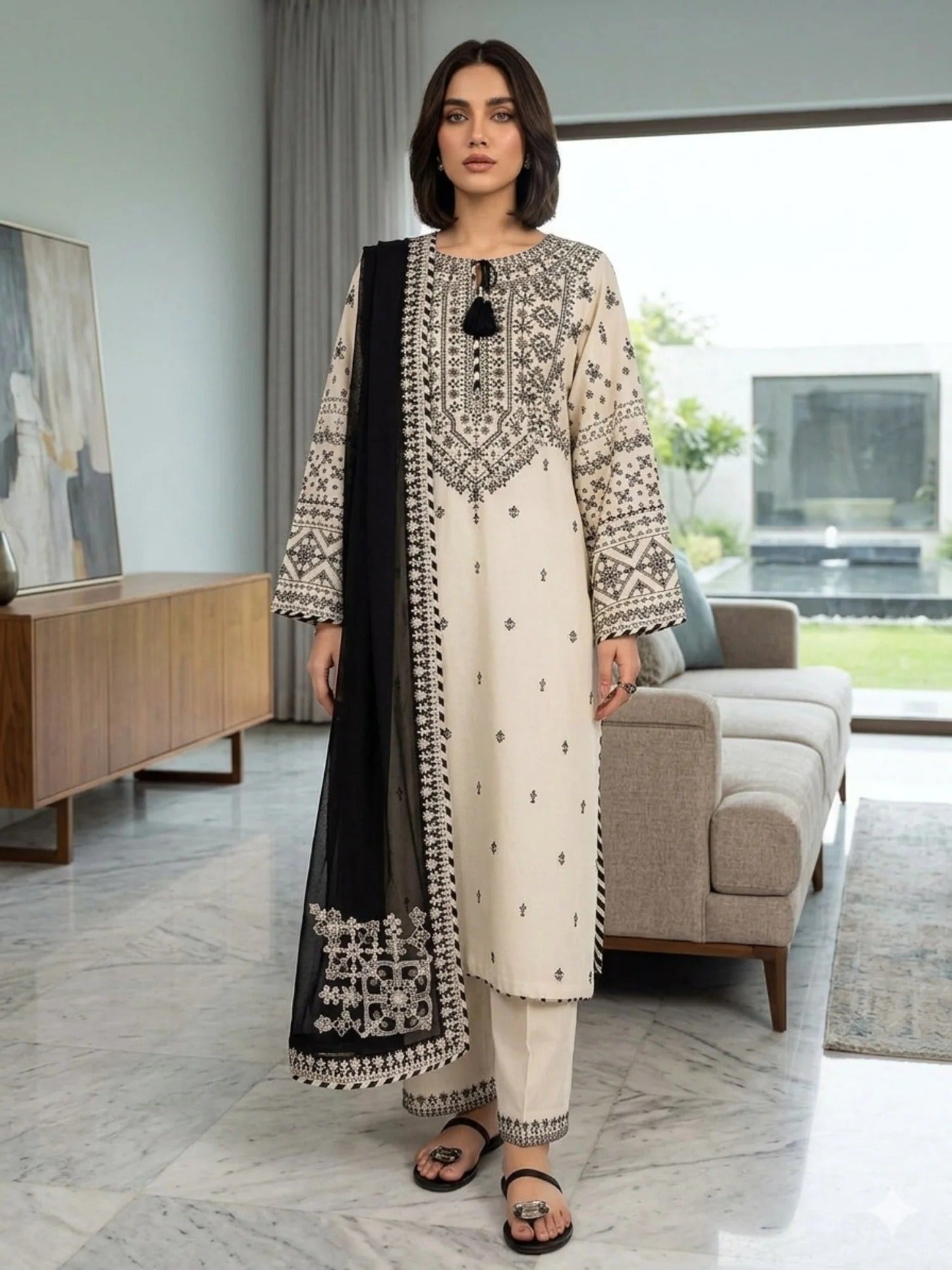 White Pyara Jora Lawn Embroidered Stitched 3-Piece Suit-White lime
