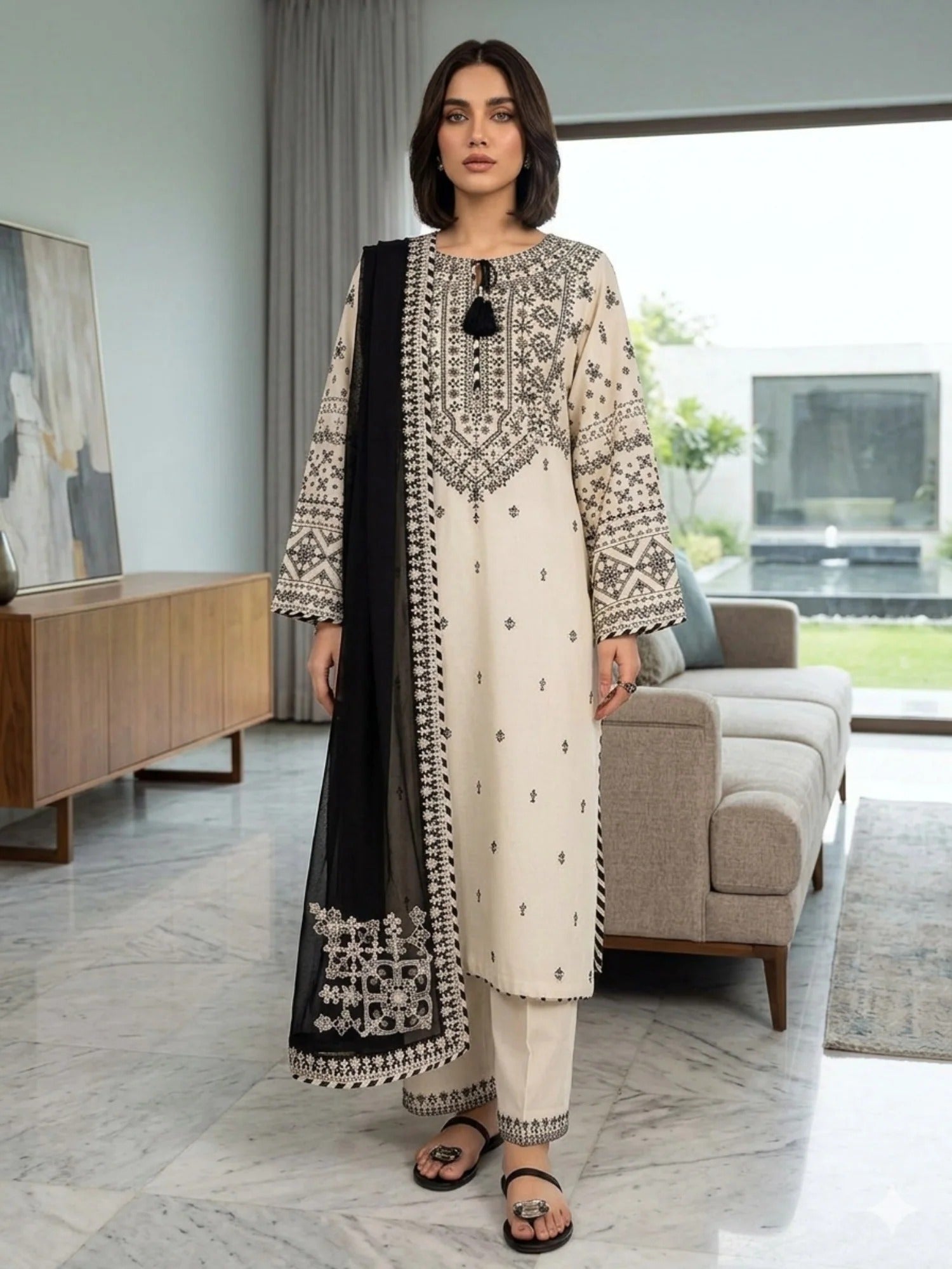 White Pyara Jora Lawn Embroidered Stitched 3-Piece Suit-White lime