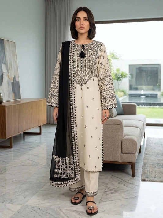 White Pyara Jora Lawn Embroidered Stitched 3-Piece Suit-White lime
