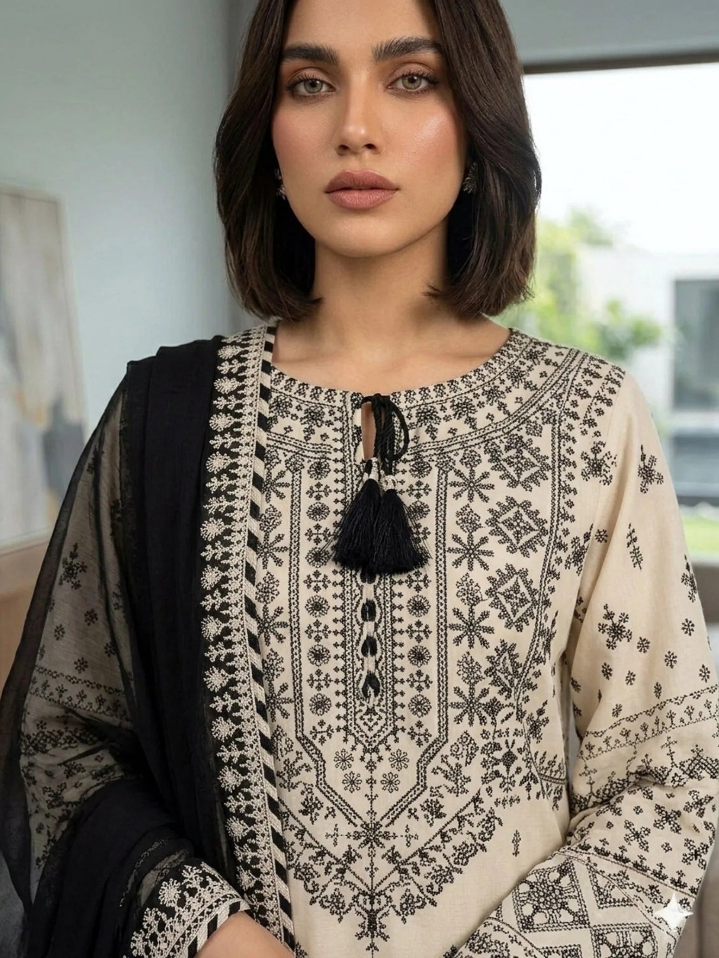 White Pyara Jora Lawn Embroidered Stitched 3-Piece Suit-White lime