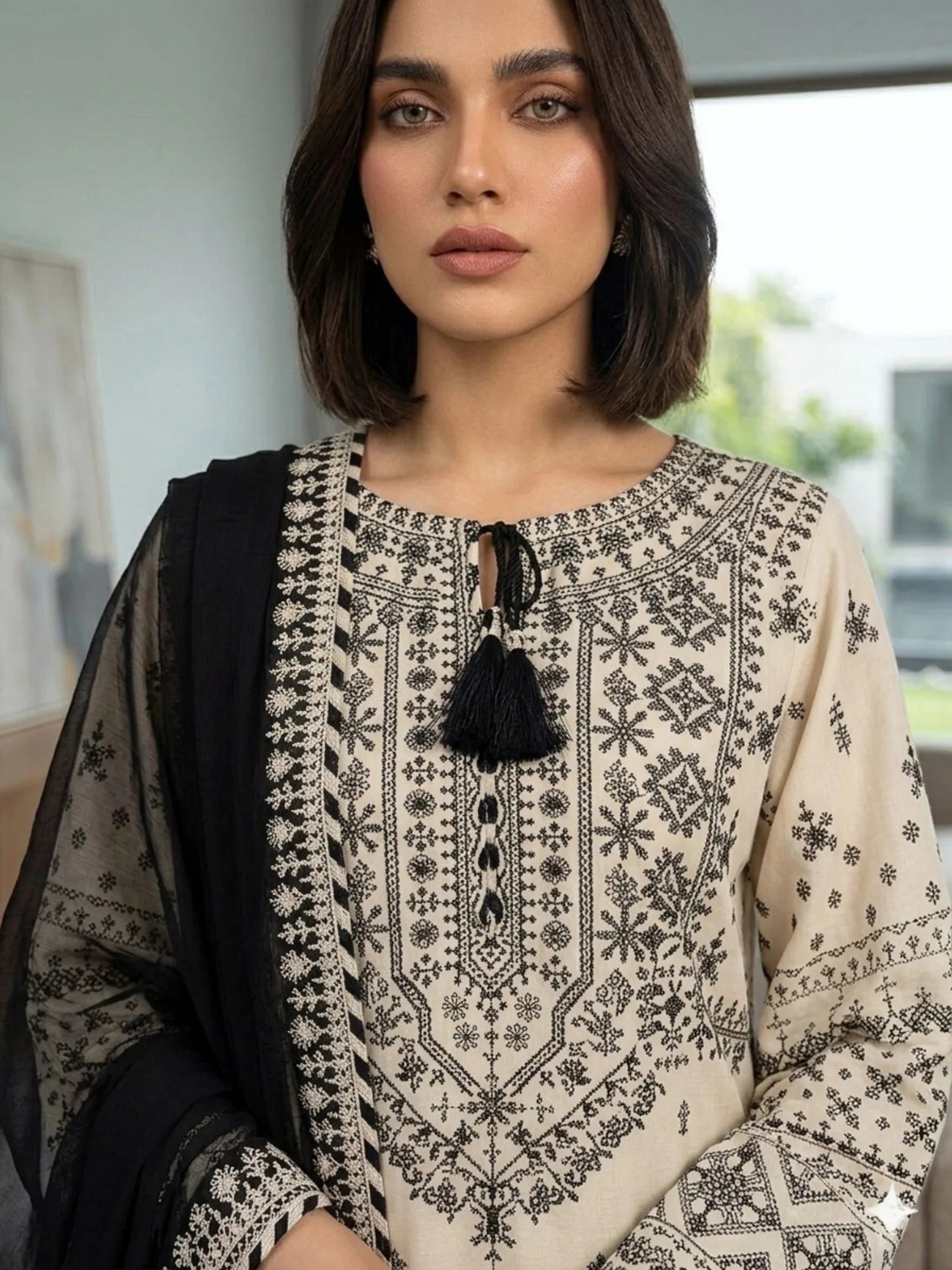 White Pyara Jora Lawn Embroidered Stitched 3-Piece Suit-White lime