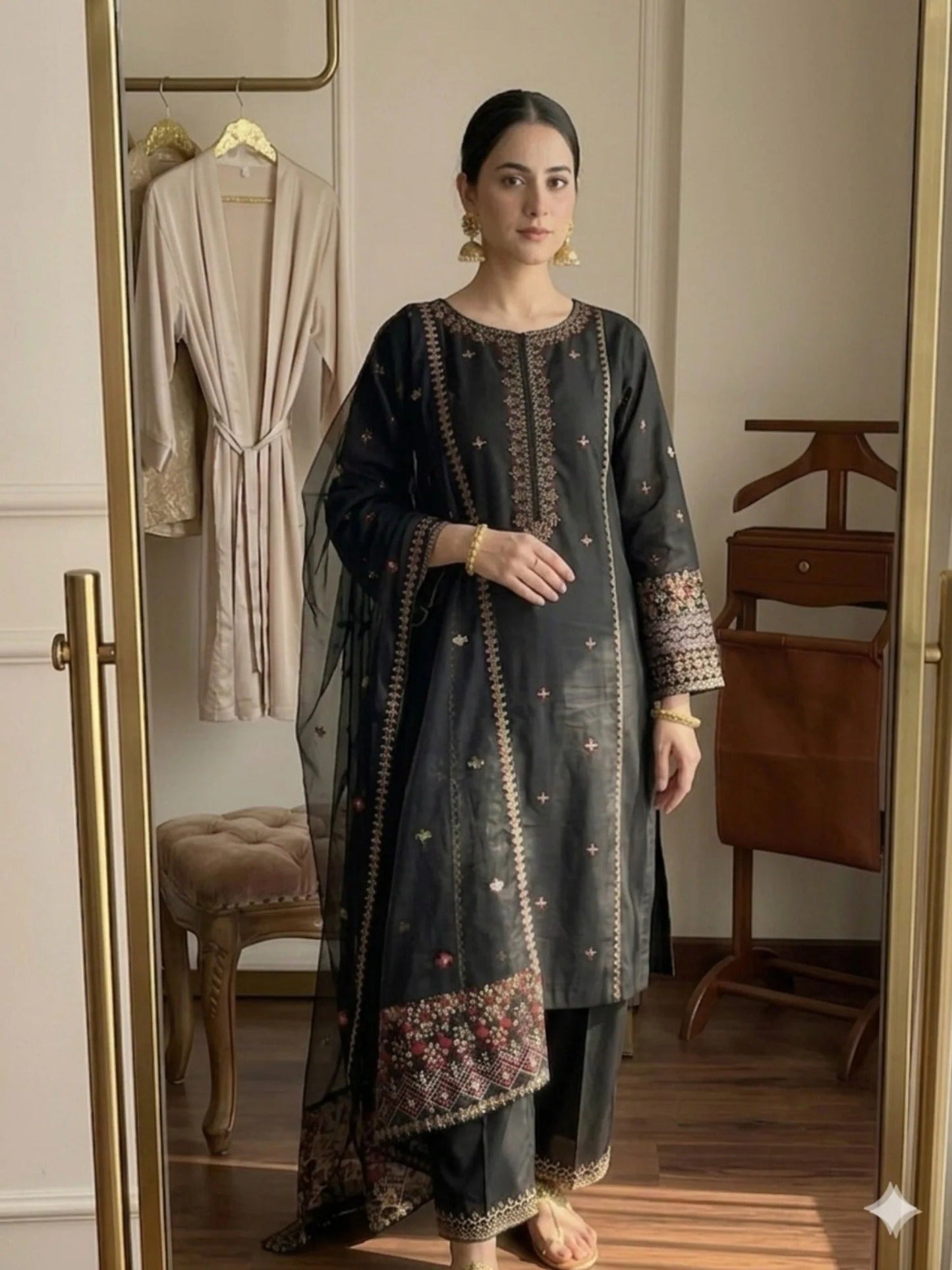 Black Pyara Jora Lawn Embroidered Stitched 3-Piece Suit-Aina Black