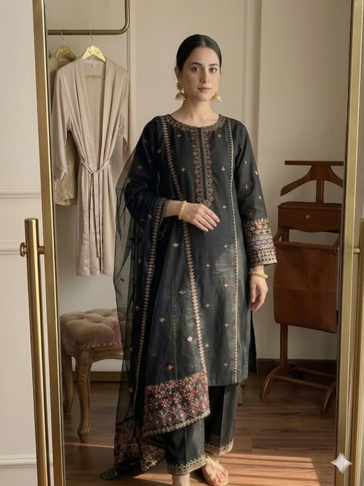 Black Pyara Jora Lawn Embroidered Stitched 3-Piece Suit-Aina Black
