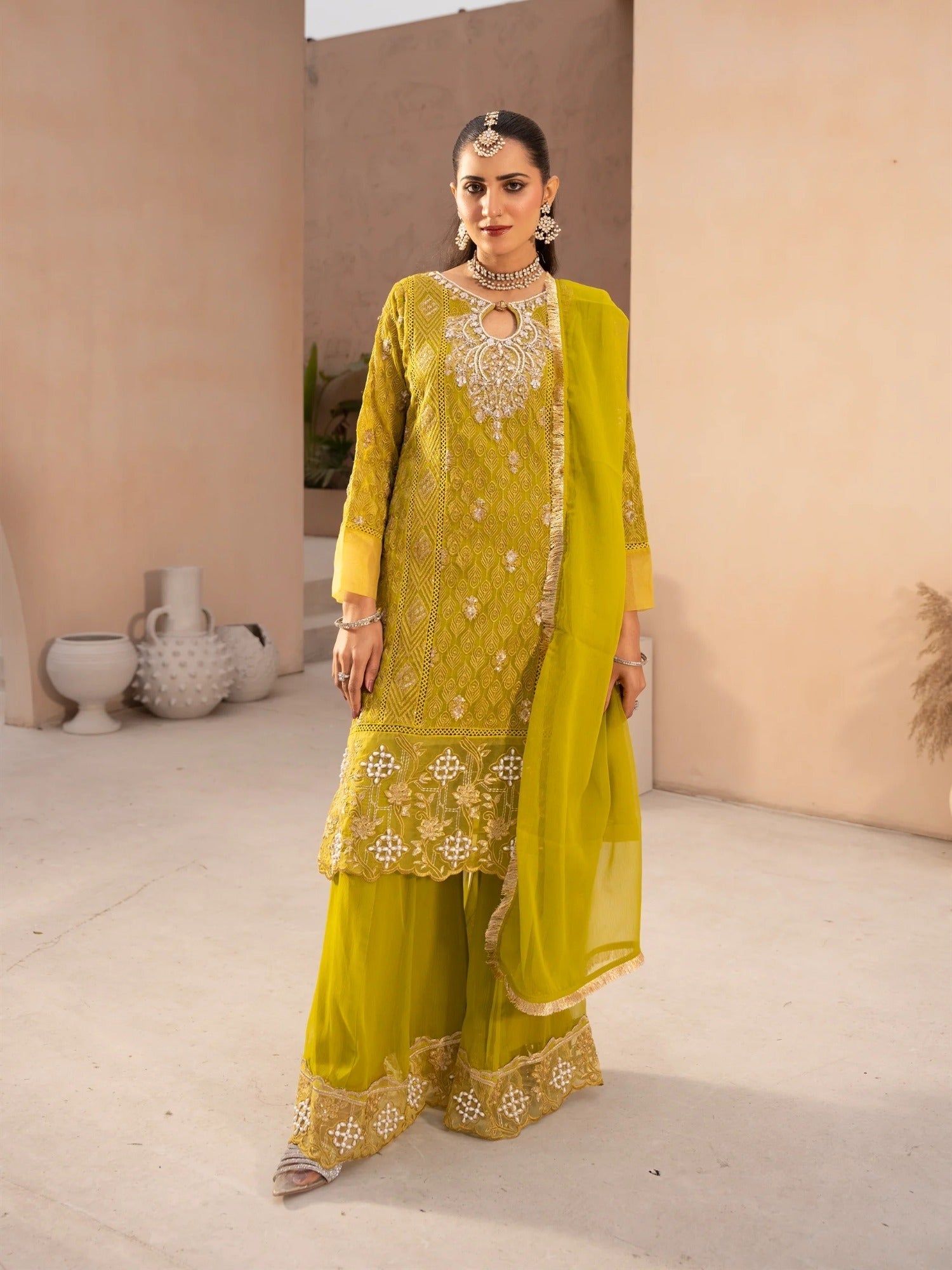Yellow Manahil Arts Chiffon Embellished Stitched 3-Piece Suit-MS-04-Chartreuse