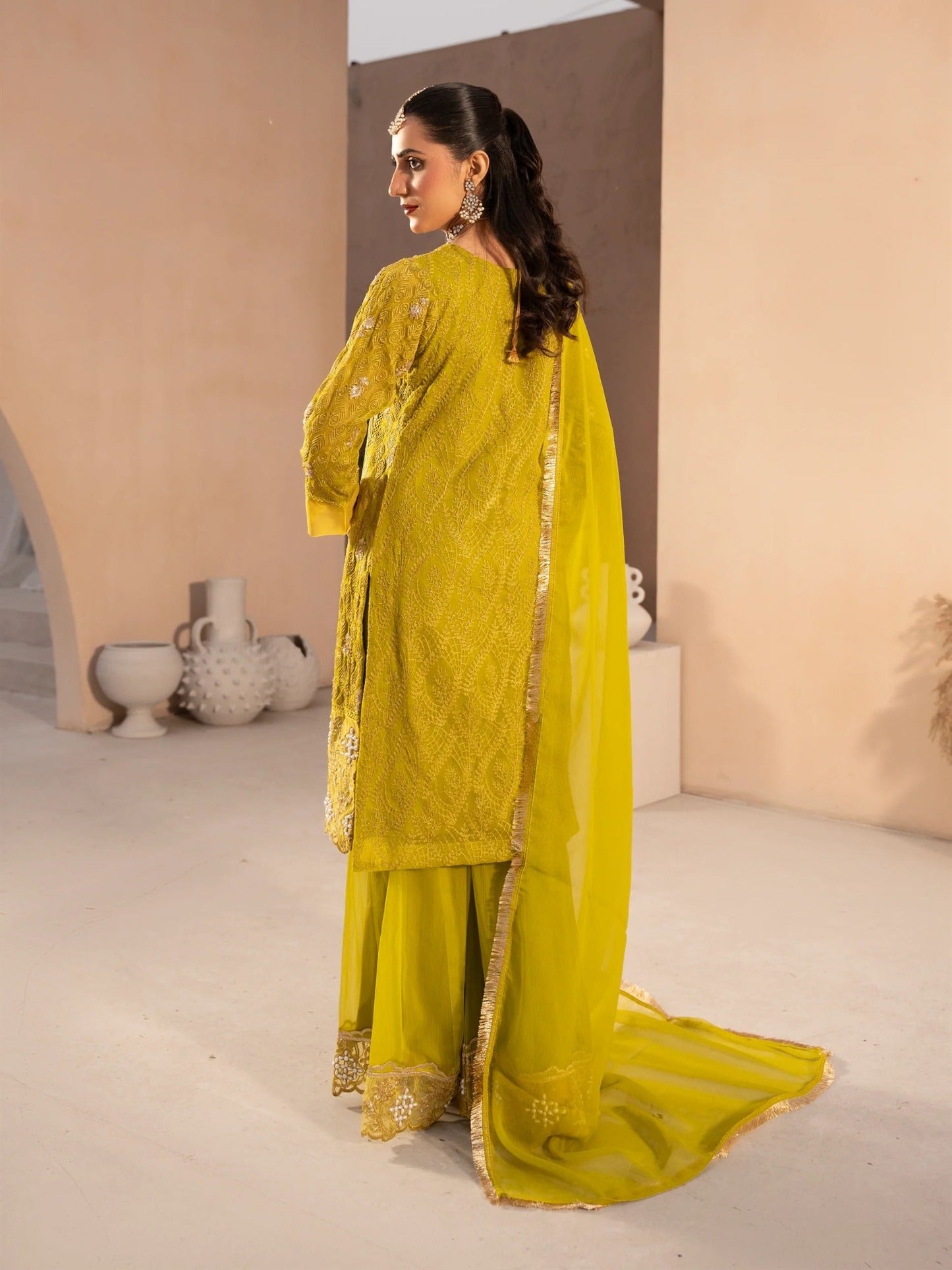 Yellow Manahil Arts Chiffon Embellished Stitched 3-Piece Suit-MS-04-Chartreuse