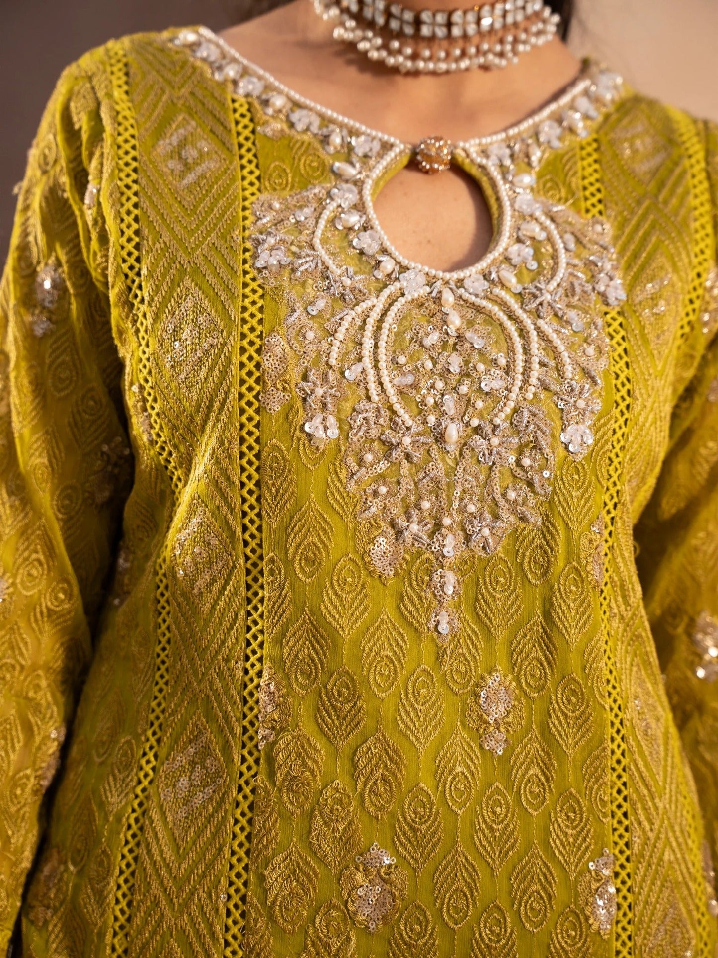 Yellow Manahil Arts Chiffon Embellished Stitched 3-Piece Suit-MS-04-Chartreuse