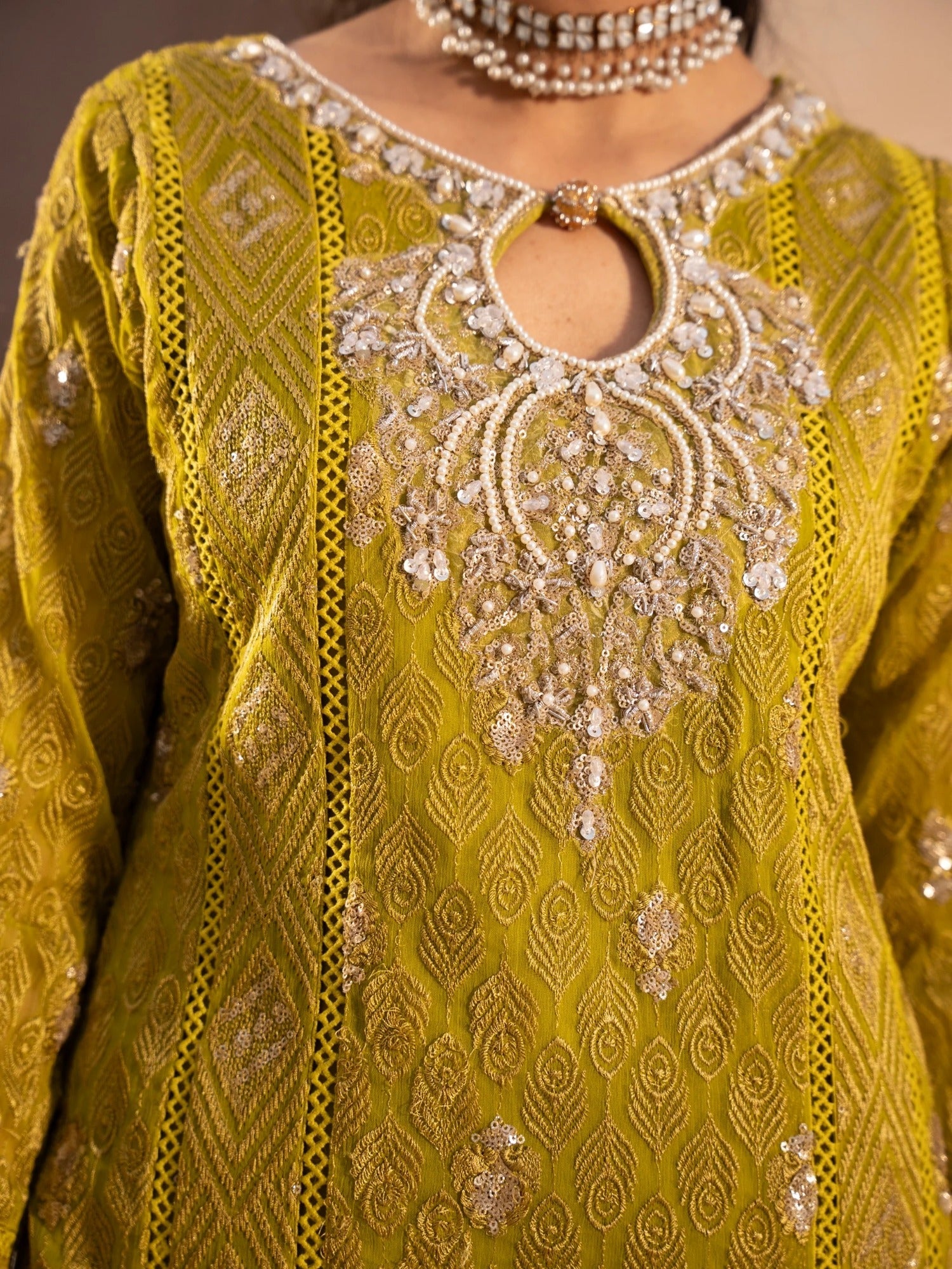 Yellow Manahil Arts Chiffon Embellished Stitched 3-Piece Suit-MS-04-Chartreuse