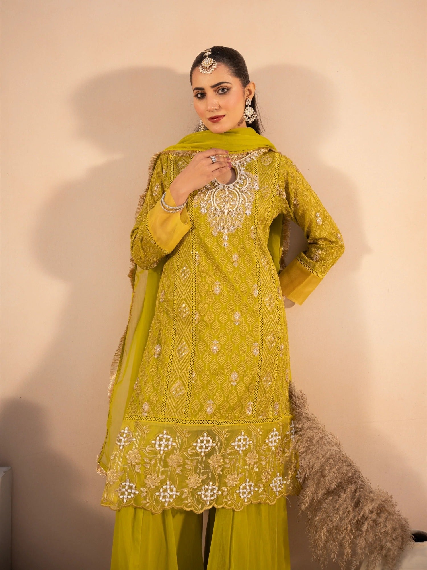 Yellow Manahil Arts Chiffon Embellished Stitched 3-Piece Suit-MS-04-Chartreuse