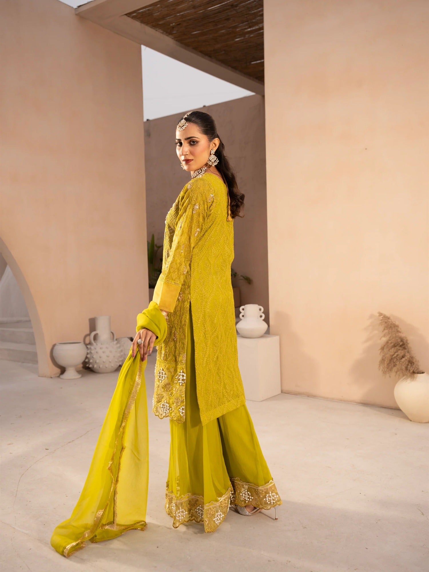 Yellow Manahil Arts Chiffon Embellished Stitched 3-Piece Suit-MS-04-Chartreuse