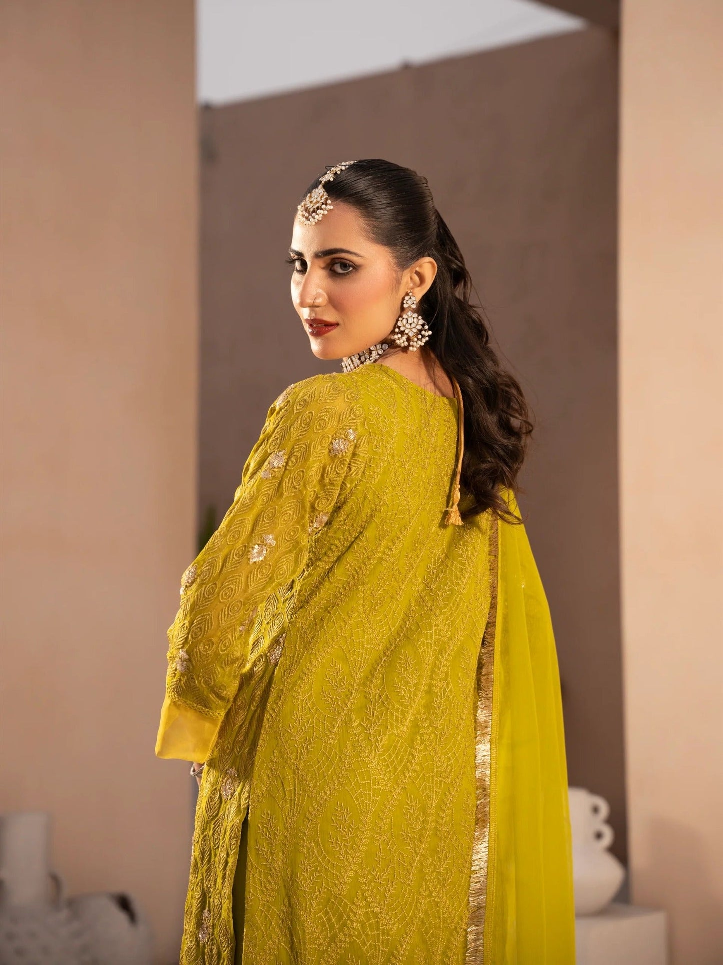 Yellow Manahil Arts Chiffon Embellished Stitched 3-Piece Suit-MS-04-Chartreuse
