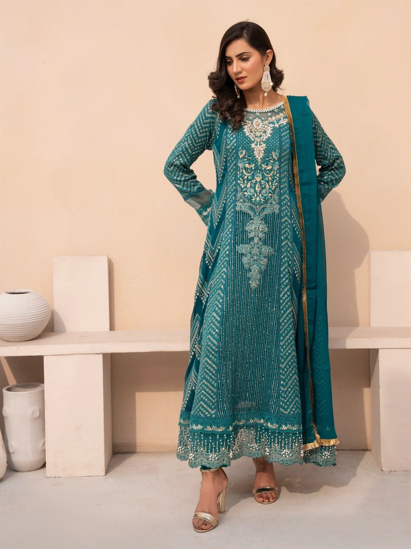 Blue Manahil Arts Chiffon Embellished Stitched 3-Piece Suit-MS-02-Zinc