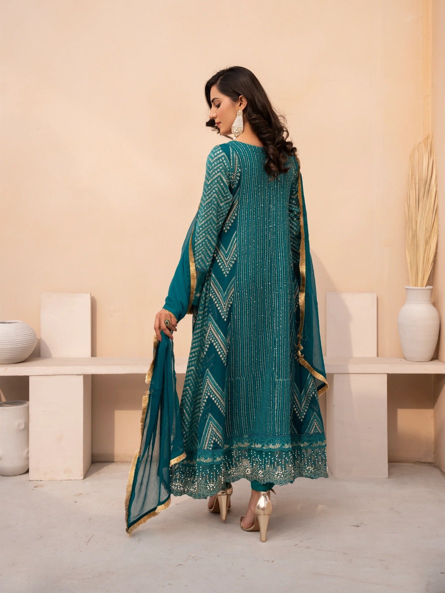 Blue Manahil Arts Chiffon Embellished Stitched 3-Piece Suit-MS-02-Zinc