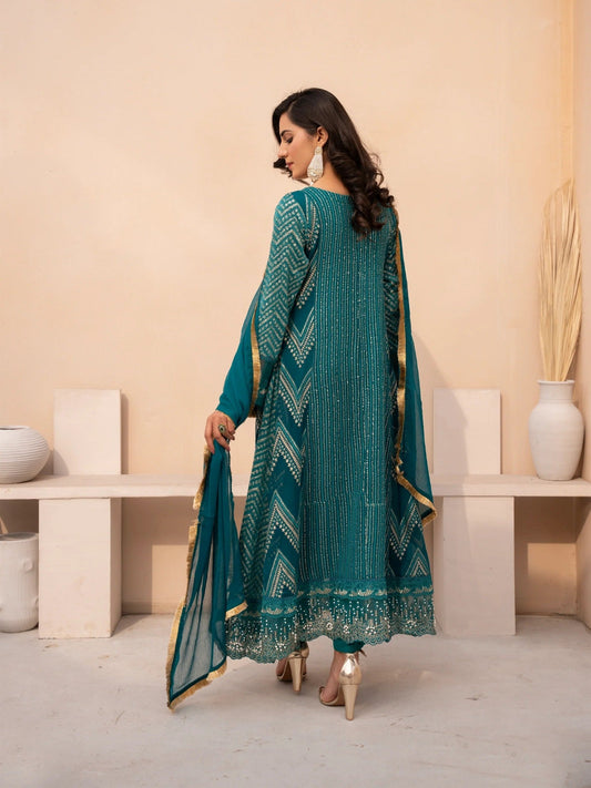 Blue Manahil Arts Chiffon Embellished Stitched 3-Piece Suit-MS-02-Zinc