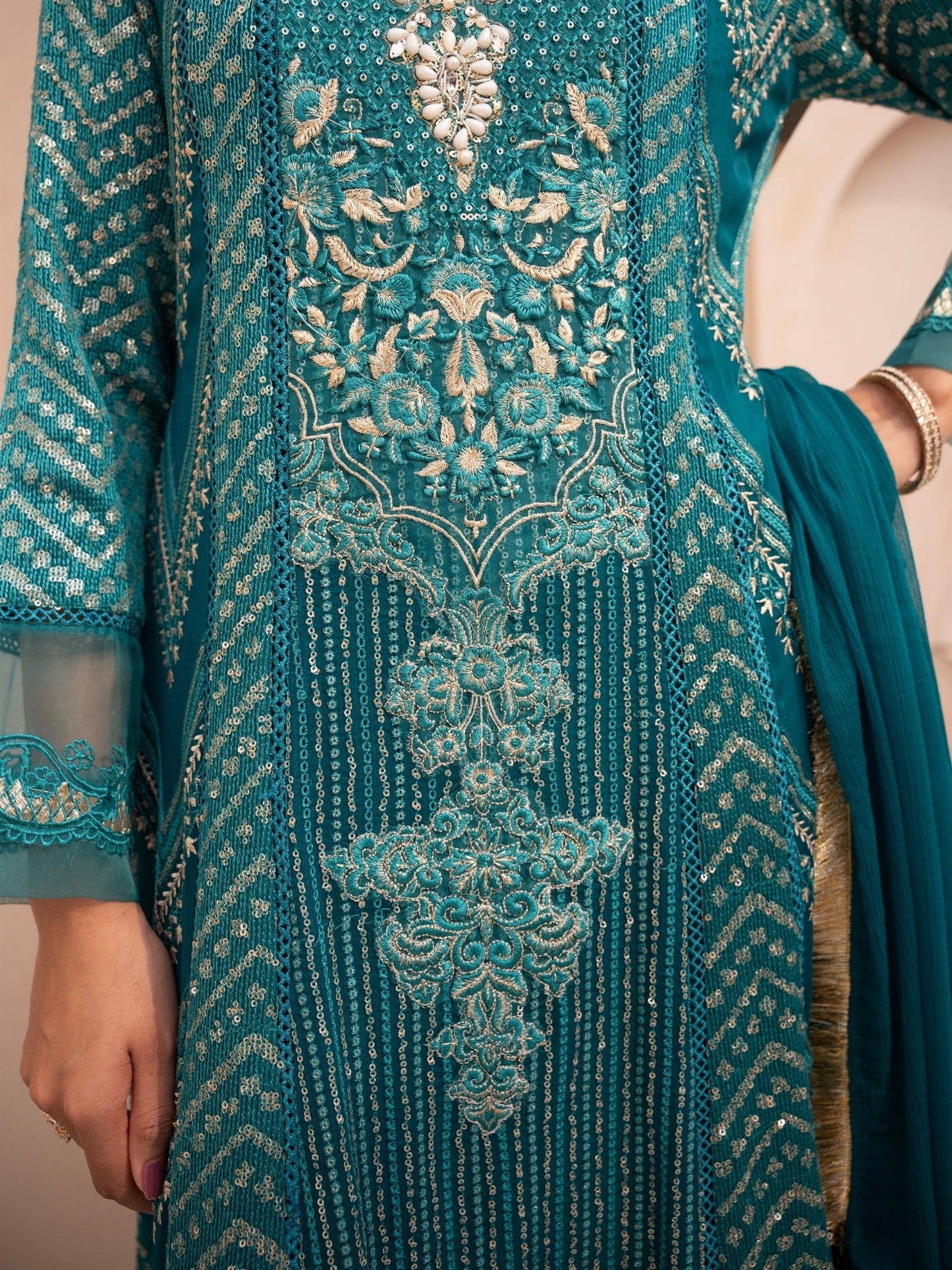 Blue Manahil Arts Chiffon Embellished Stitched 3-Piece Suit-MS-02-Zinc