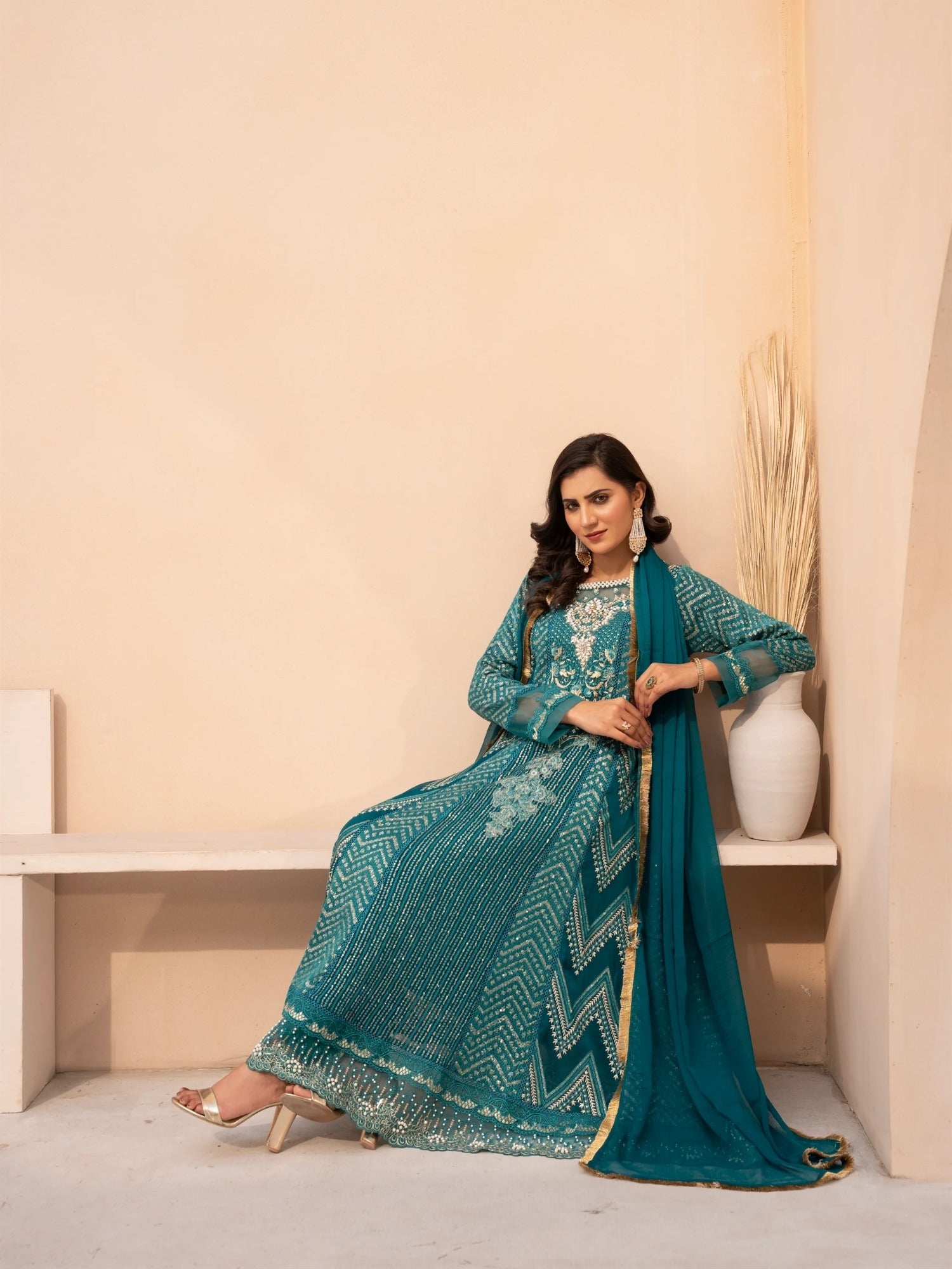 Blue Manahil Arts Chiffon Embellished Stitched 3-Piece Suit-MS-02-Zinc