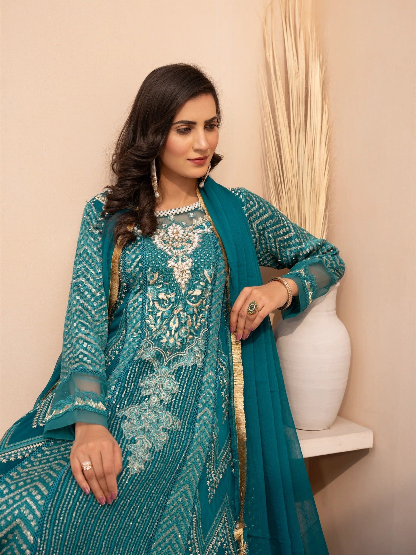 Blue Manahil Arts Chiffon Embellished Stitched 3-Piece Suit-MS-02-Zinc