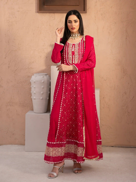 Pink Manahil Arts Chiffon Embellished Stitched 3-Piece Suit-MS-01-Shocking Pink