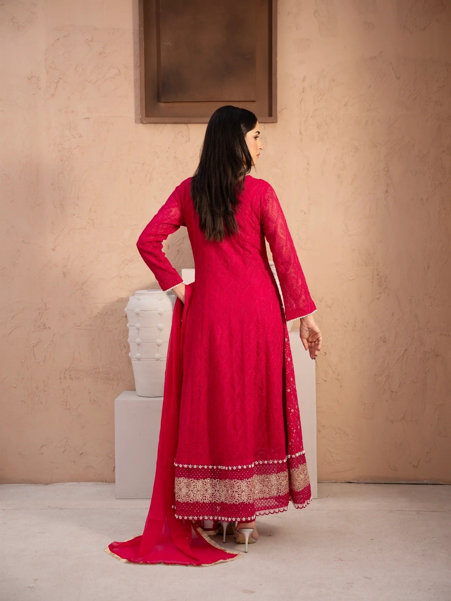Pink Manahil Arts Chiffon Embellished Stitched 3-Piece Suit-MS-01-Shocking Pink