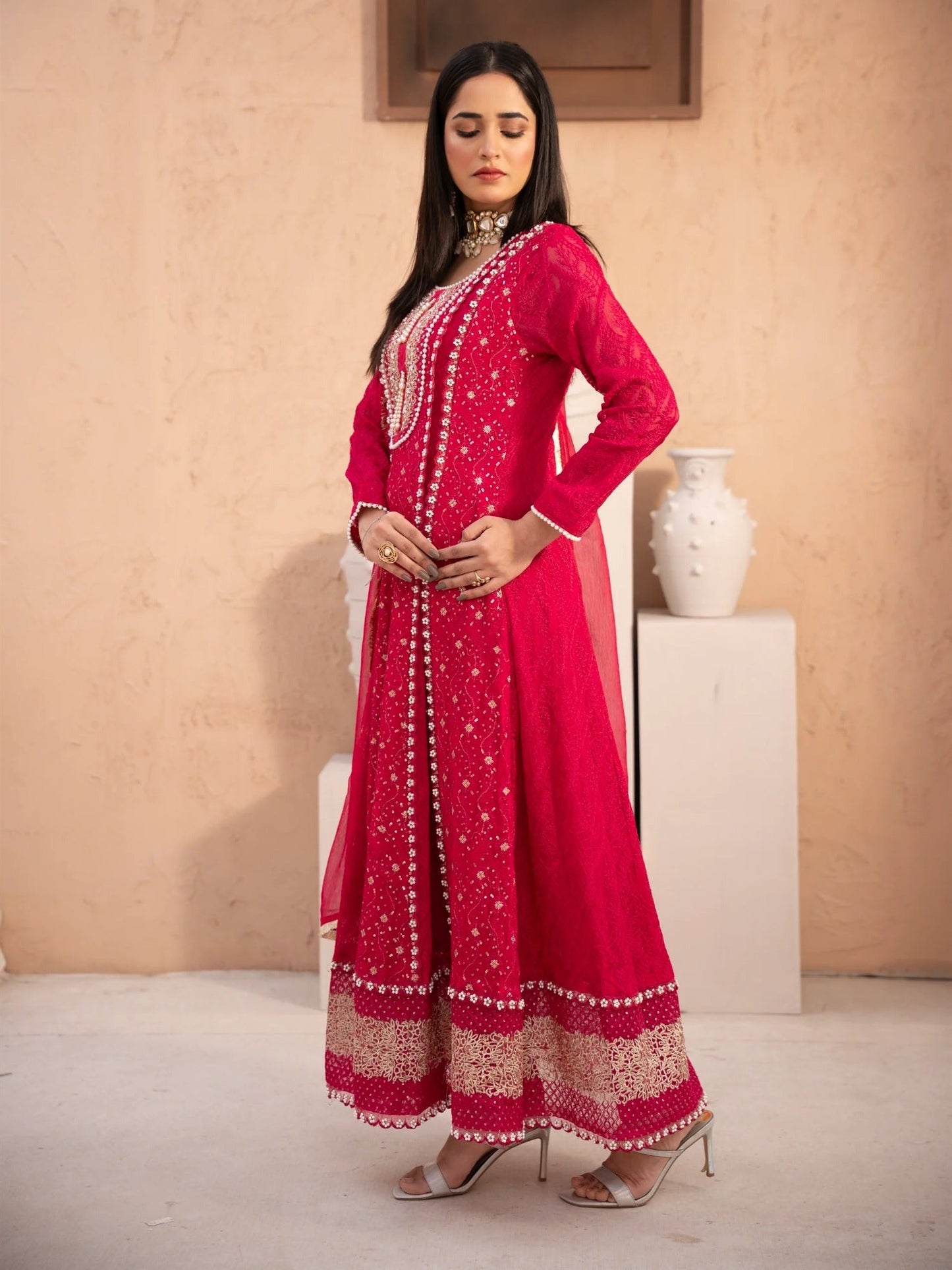 Pink Manahil Arts Chiffon Embellished Stitched 3-Piece Suit-MS-01-Shocking Pink