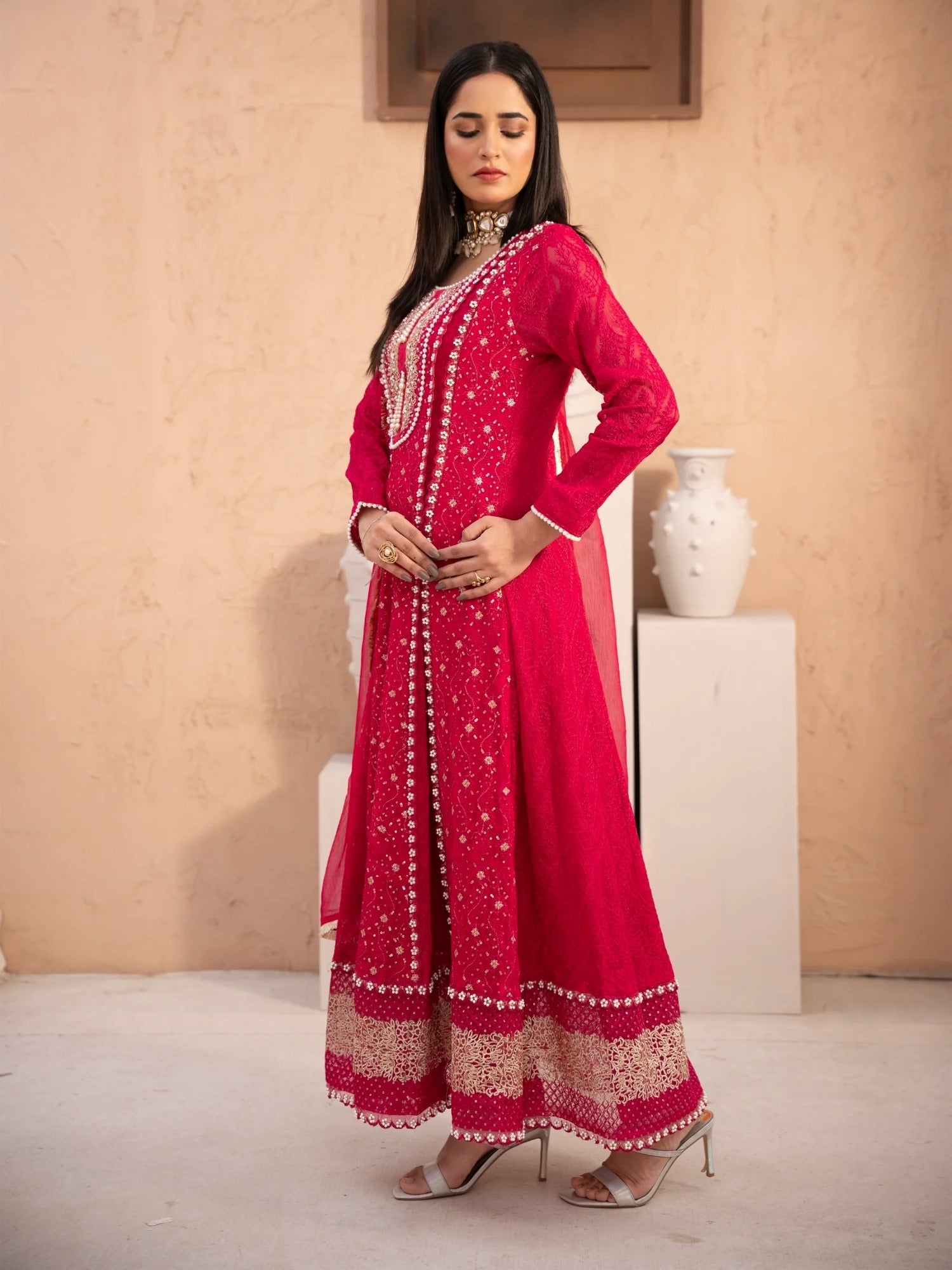 Pink Manahil Arts Chiffon Embellished Stitched 3-Piece Suit-MS-01-Shocking Pink