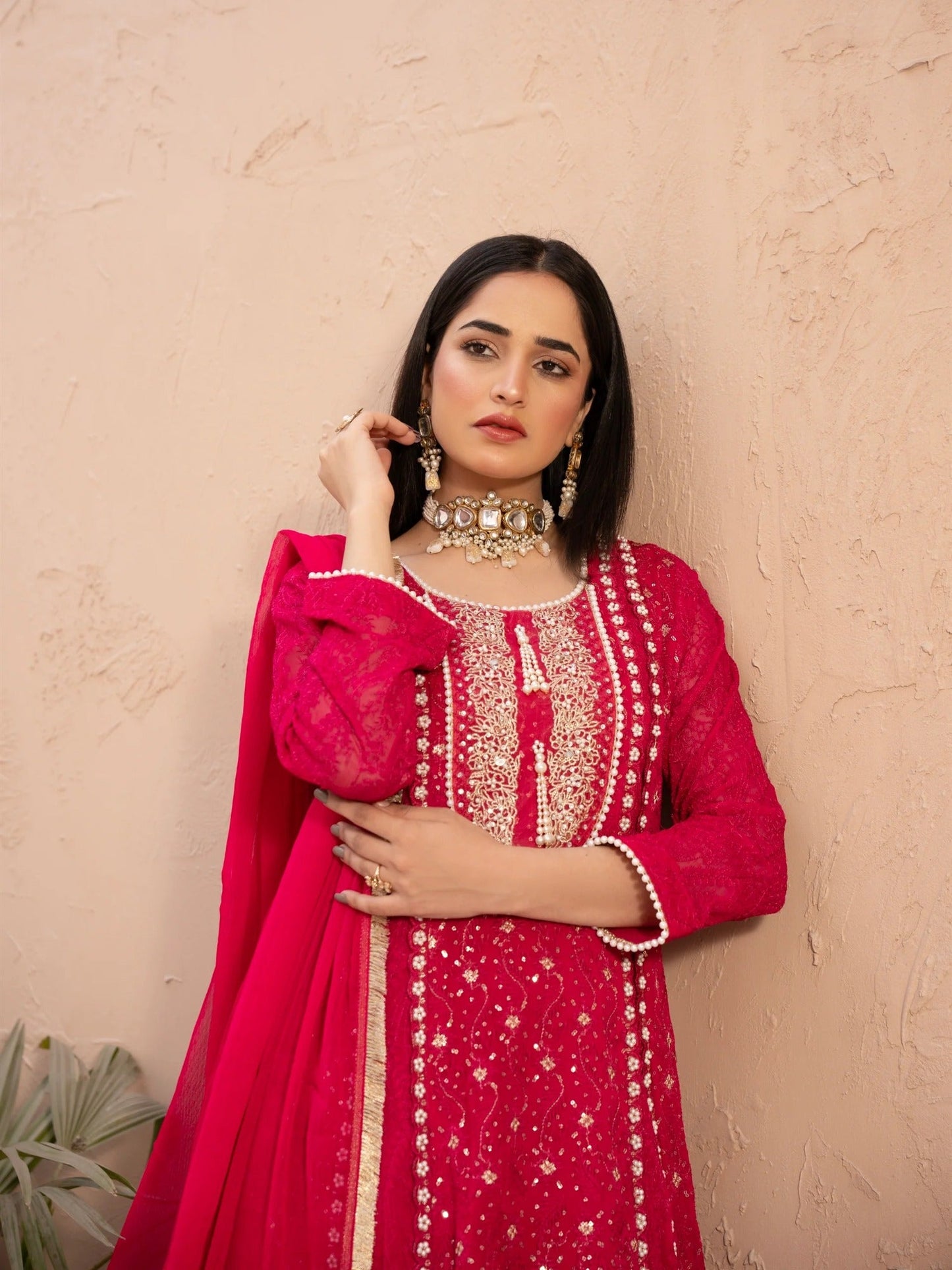 Pink Manahil Arts Chiffon Embellished Stitched 3-Piece Suit-MS-01-Shocking Pink