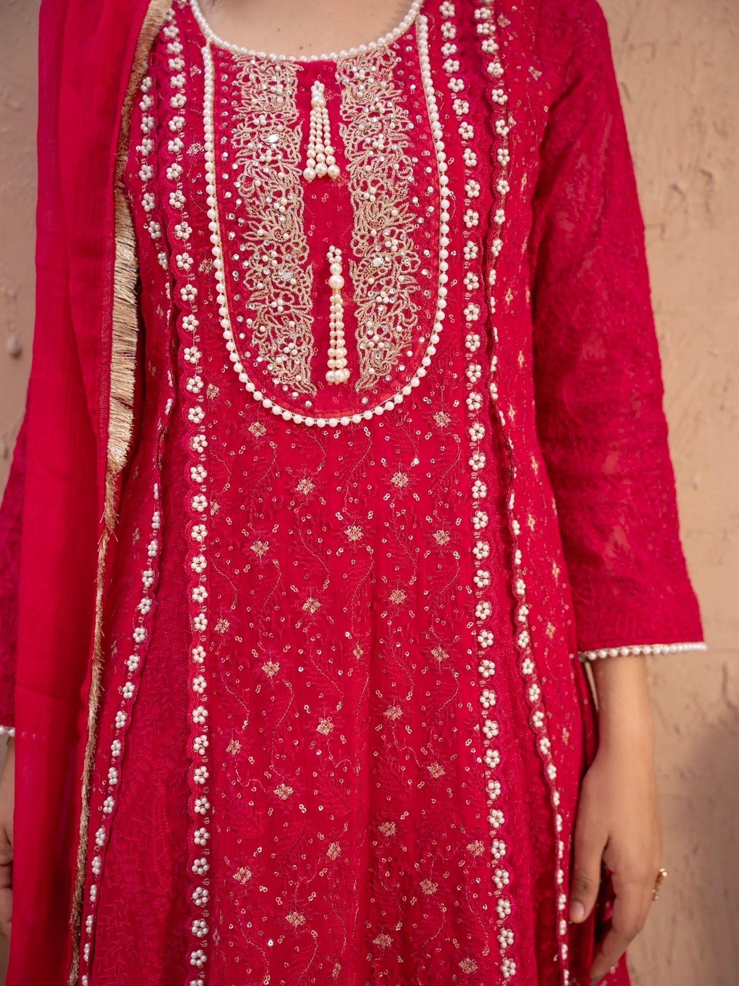 Pink Manahil Arts Chiffon Embellished Stitched 3-Piece Suit-MS-01-Shocking Pink
