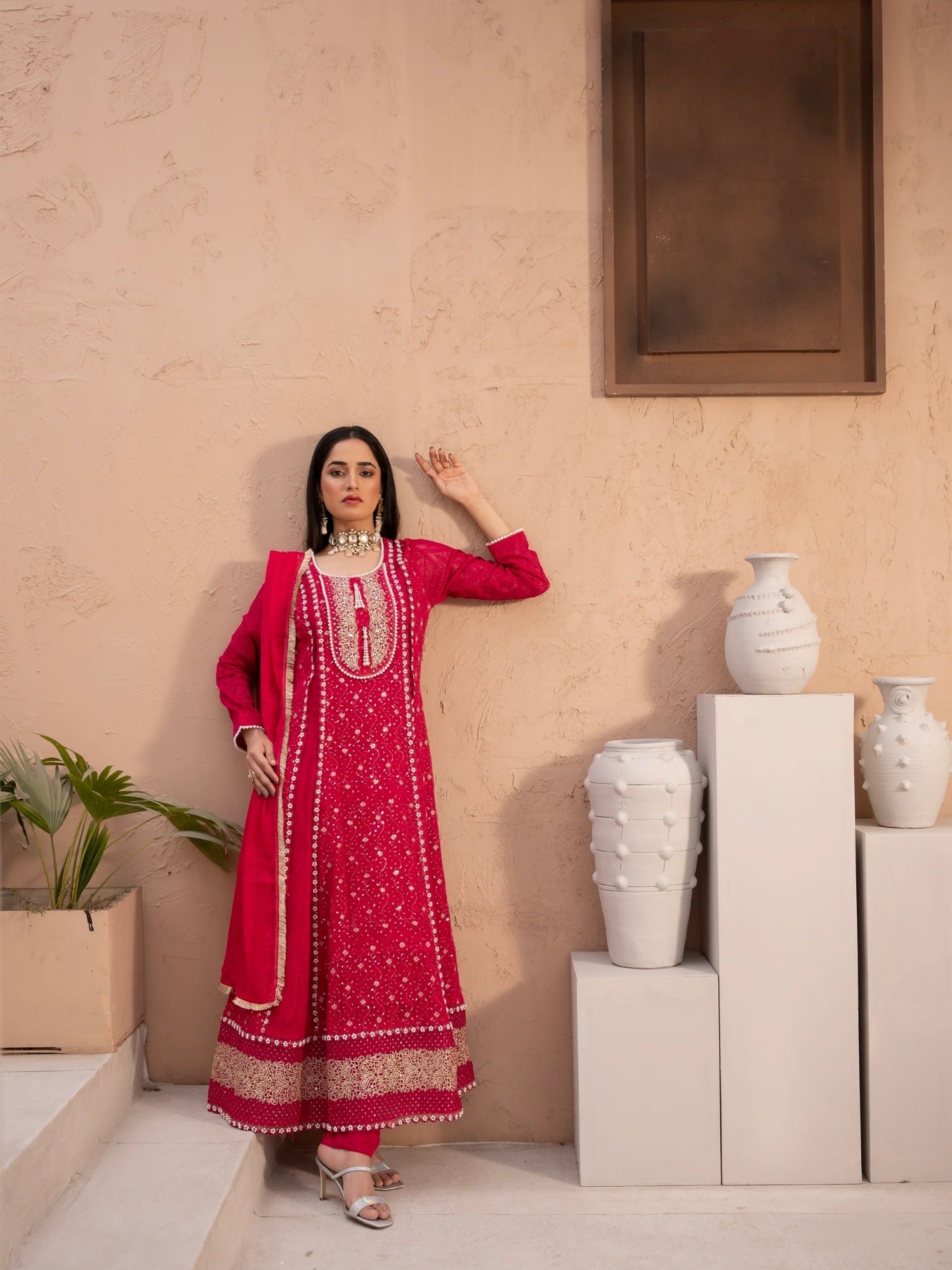 Pink Manahil Arts Chiffon Embellished Stitched 3-Piece Suit-MS-01-Shocking Pink