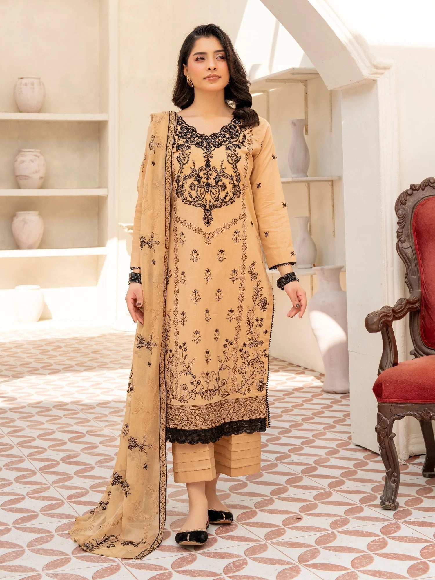 Black and Beige-Noori Lawn Cotton Embroidered Stitched 3-Piece Suit-Sk26102 