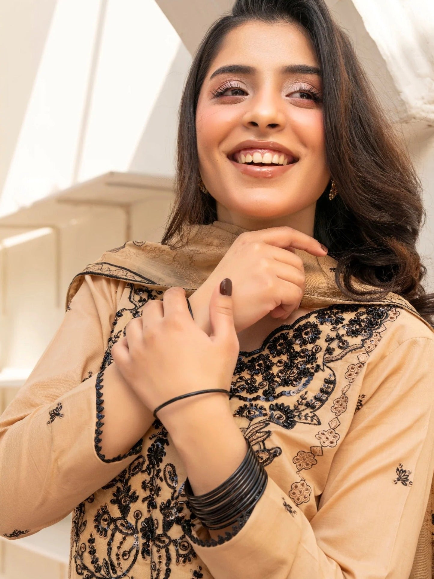 Black and Beige-Noori Lawn Cotton Embroidered Stitched 3-Piece Suit-Sk26102 