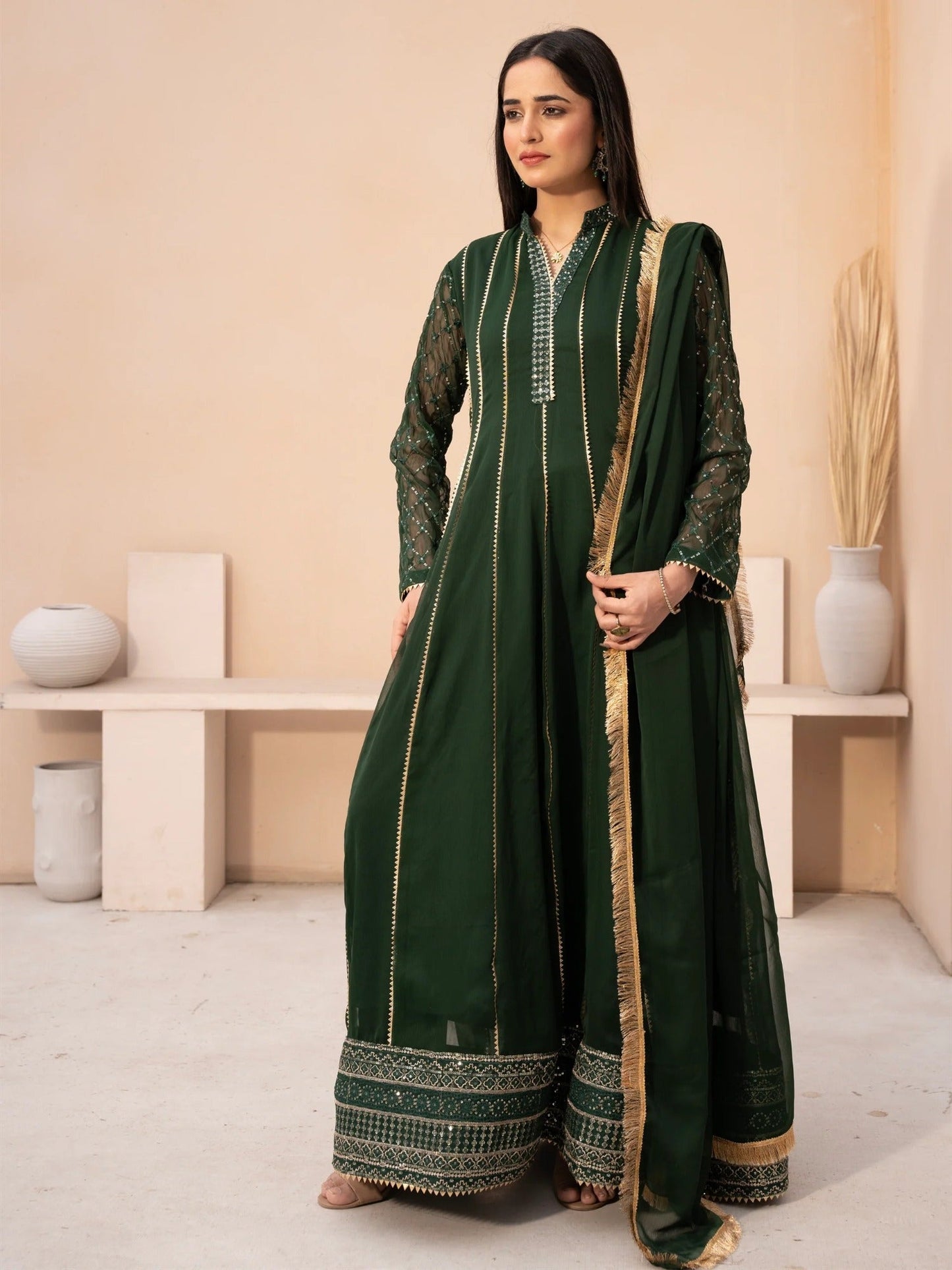 Green Manahil Arts Chiffon Embroidered Stitched 3-Piece Suit-Maxi-106-Bottle Green