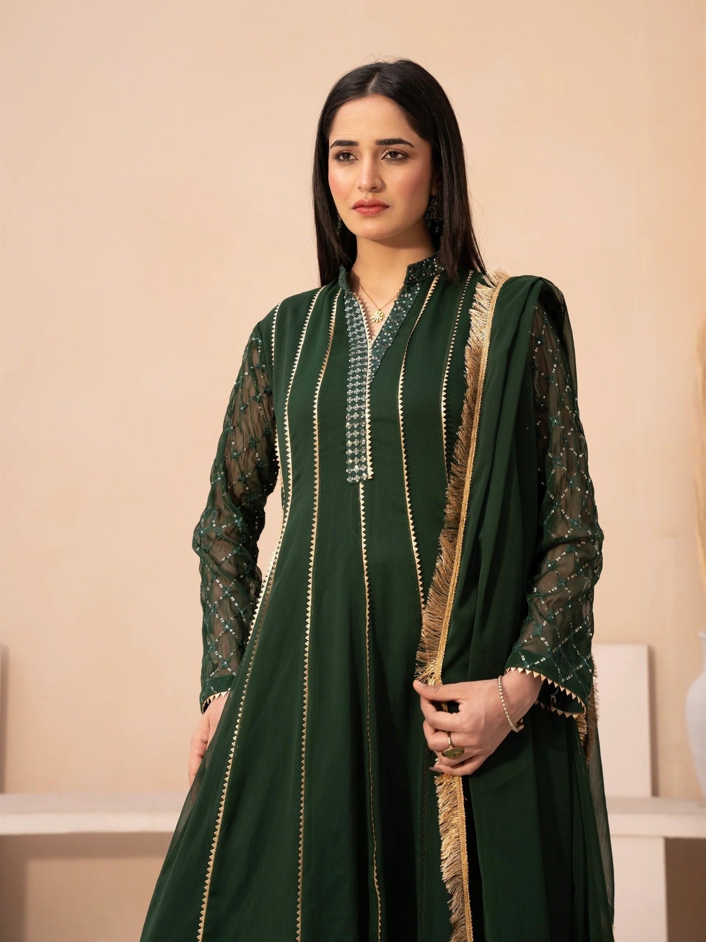 Green Manahil Arts Chiffon Embroidered Stitched 3-Piece Suit-Maxi-106-Bottle Green