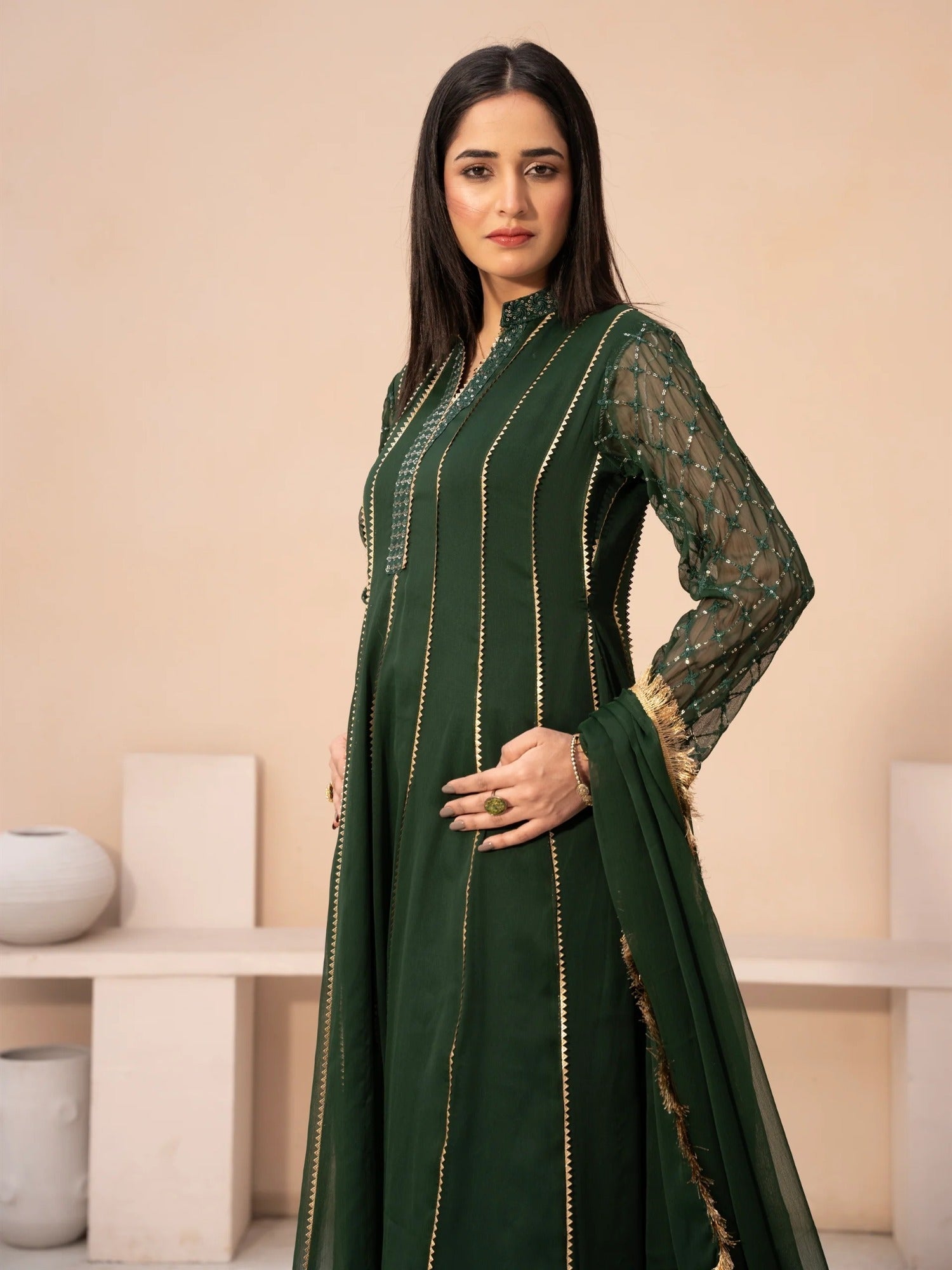 Green Manahil Arts Chiffon Embroidered Stitched 3-Piece Suit-Maxi-106-Bottle Green