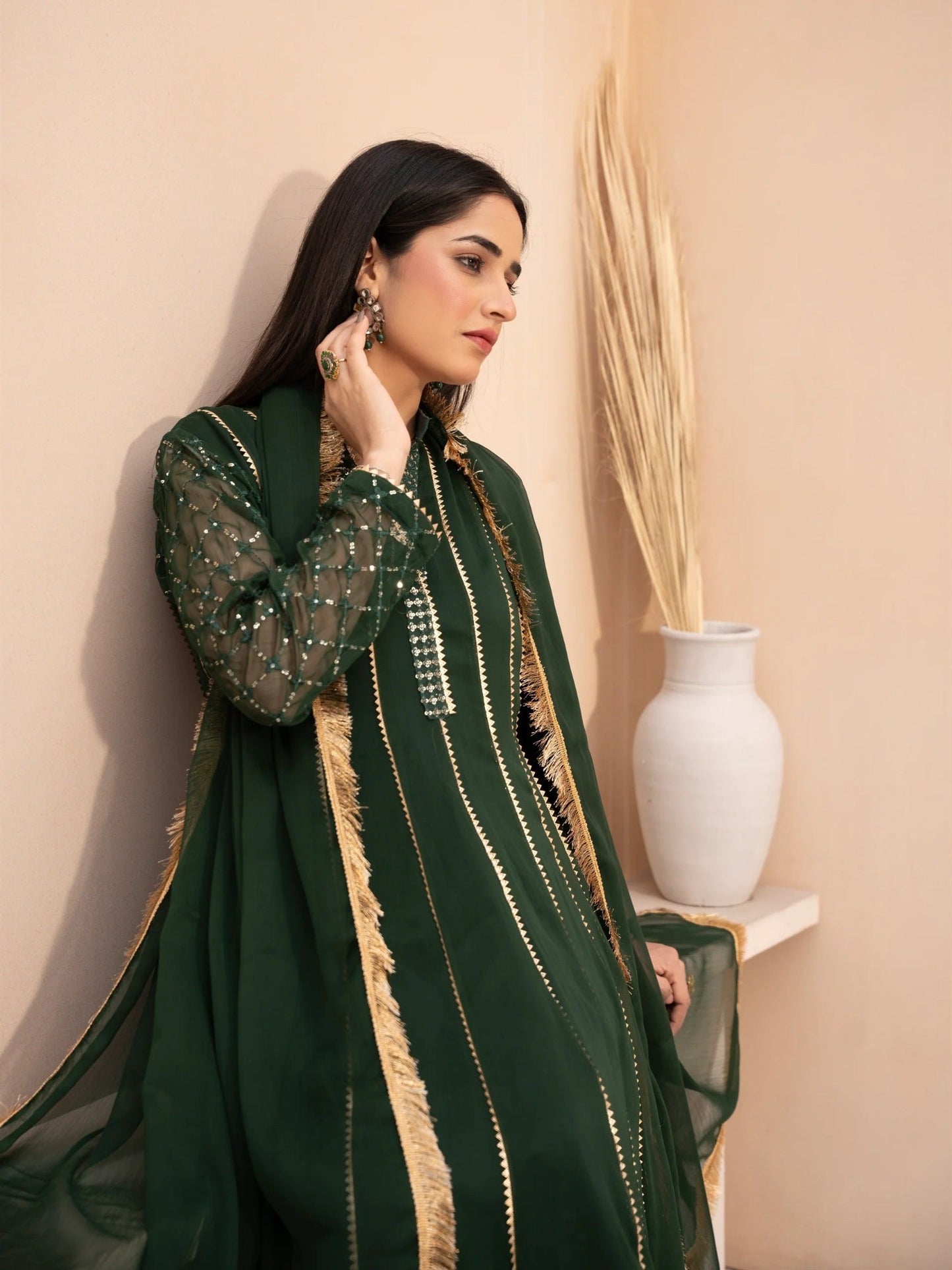 Green Manahil Arts Chiffon Embroidered Stitched 3-Piece Suit-Maxi-106-Bottle Green