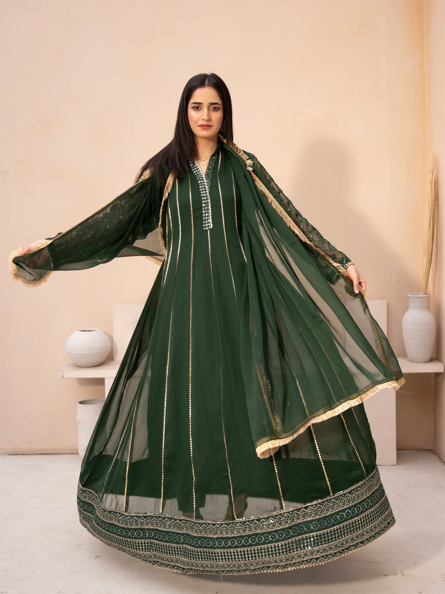 Green Manahil Arts Chiffon Embroidered Stitched 3-Piece Suit-Maxi-106-Bottle Green