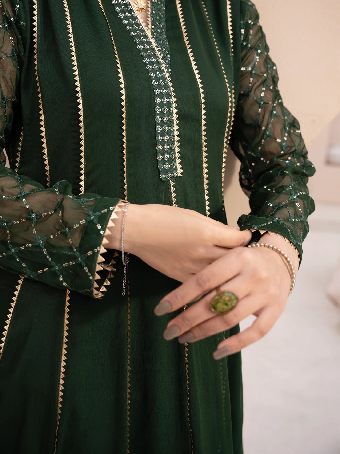 Green Manahil Arts Chiffon Embroidered Stitched 3-Piece Suit-Maxi-106-Bottle Green