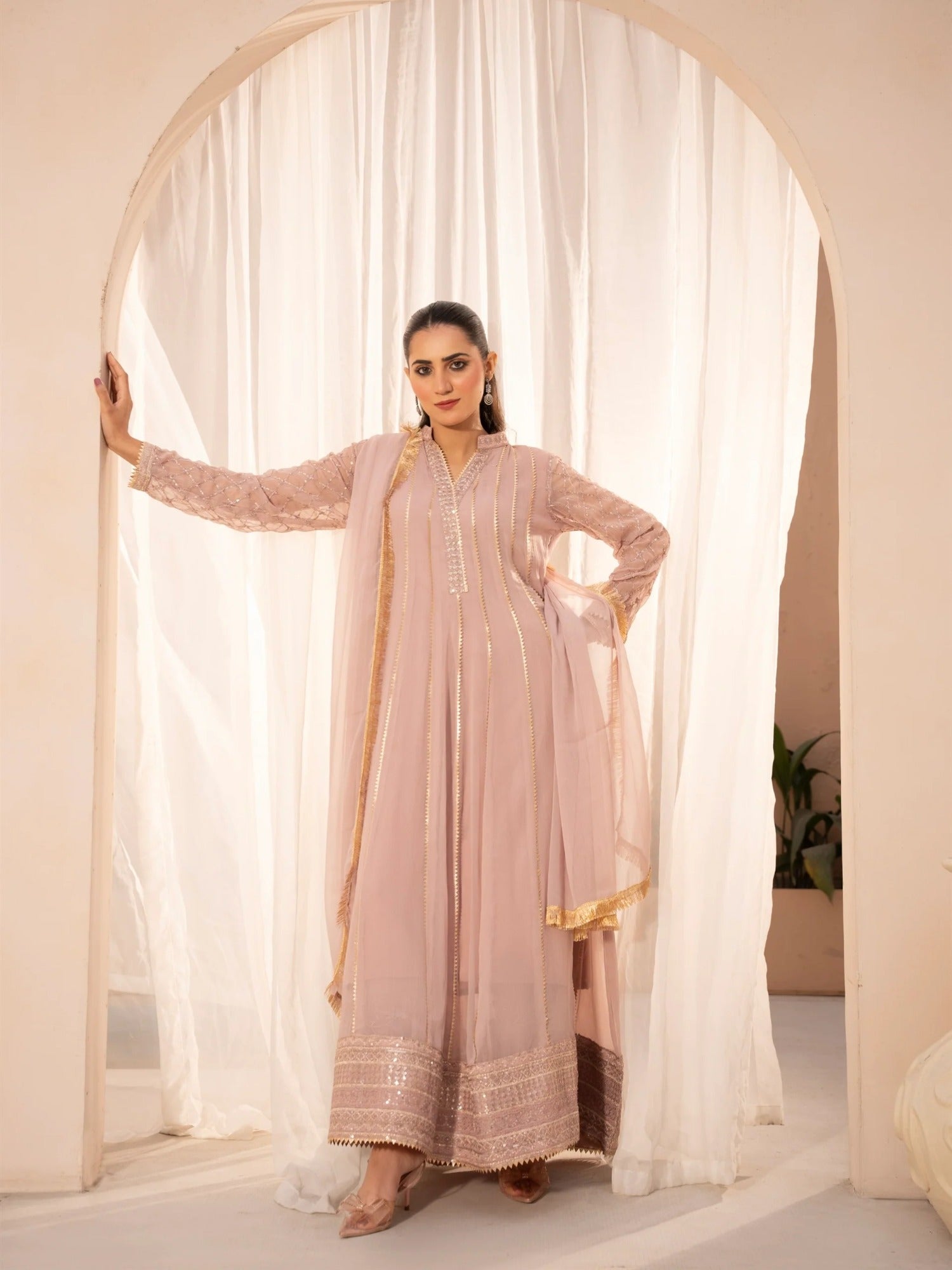 Lilac Manahil Arts Chiffon Embroidered Stitched 3-Piece Suit-Maxi-106-Purple