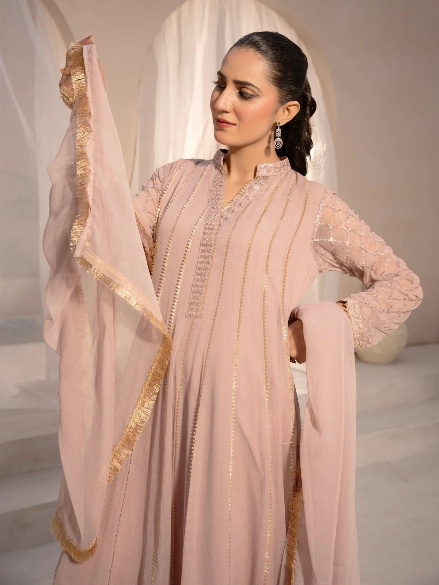 Lilac Manahil Arts Chiffon Embroidered Stitched 3-Piece Suit-Maxi-106-Purple