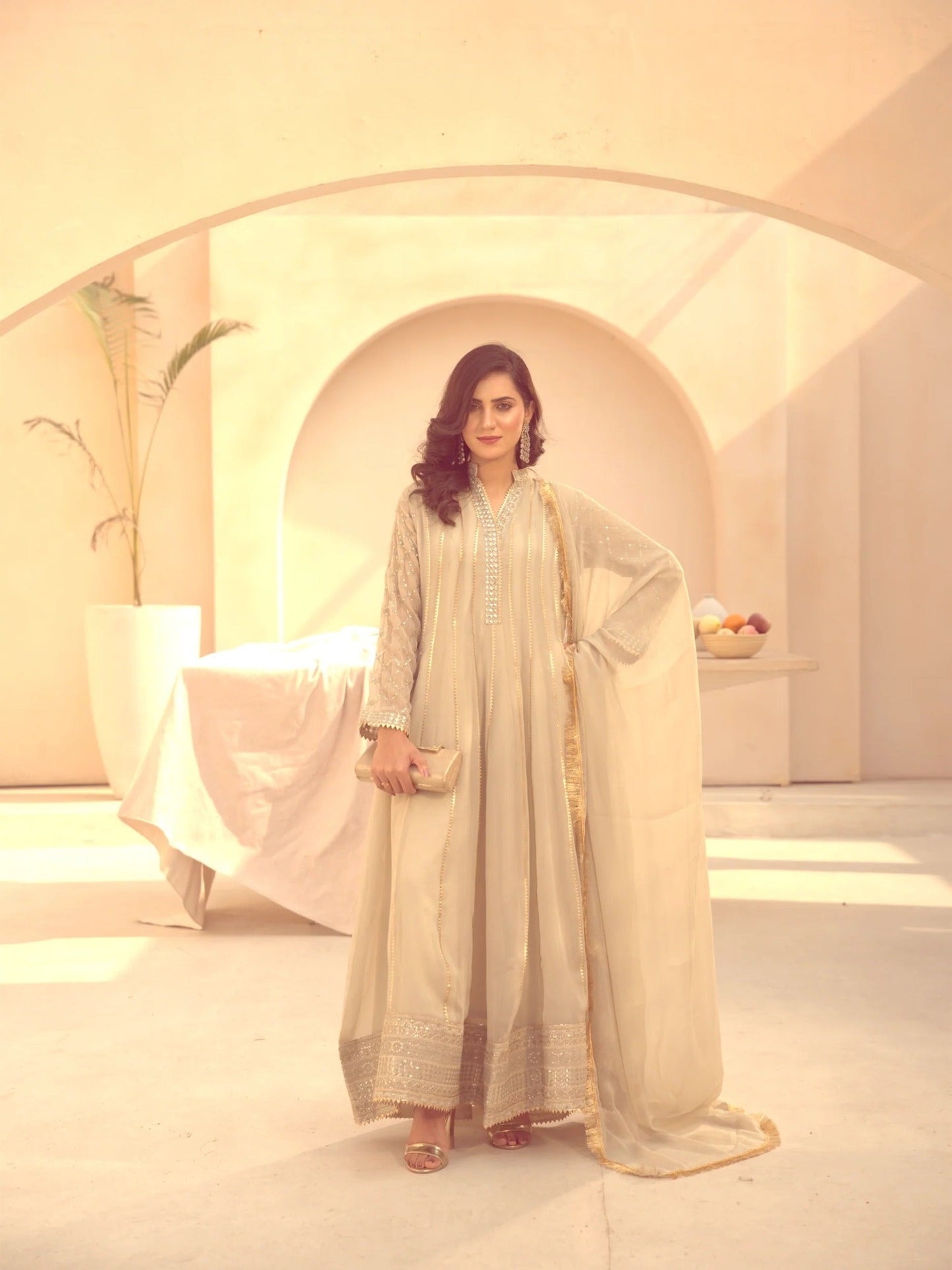 Beige Manahil Arts Chiffon Embroidered Stitched 3-Piece Suit-Maxi-106-Beige