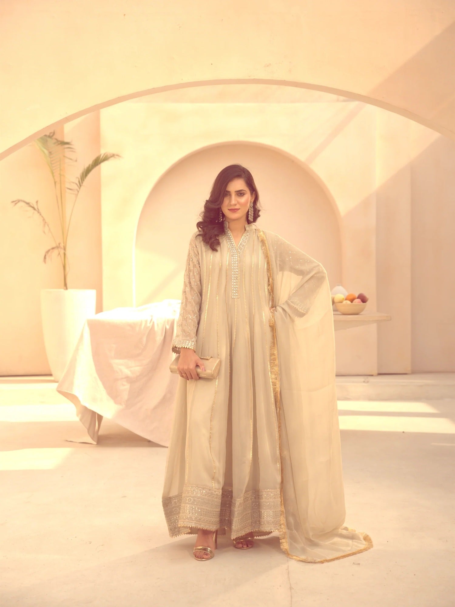Beige Manahil Arts Chiffon Embroidered Stitched 3-Piece Suit-Maxi-106-Beige