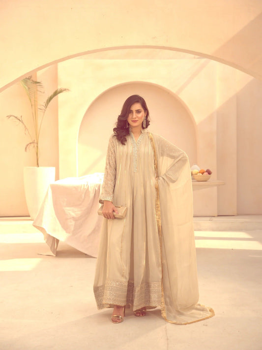 Beige Manahil Arts Chiffon Embroidered Stitched 3-Piece Suit-Maxi-106-Beige