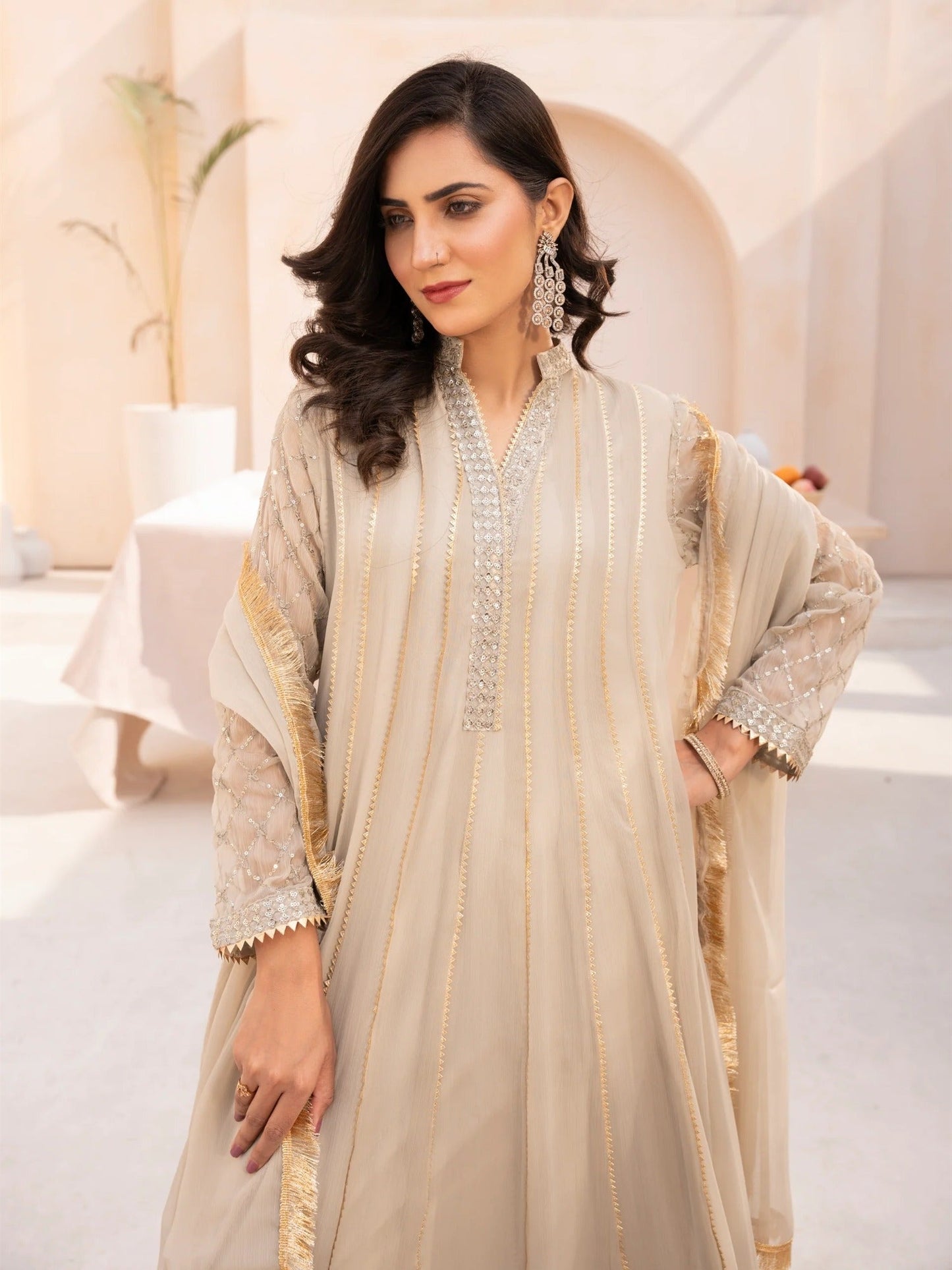 Beige Manahil Arts Chiffon Embroidered Stitched 3-Piece Suit-Maxi-106-Beige
