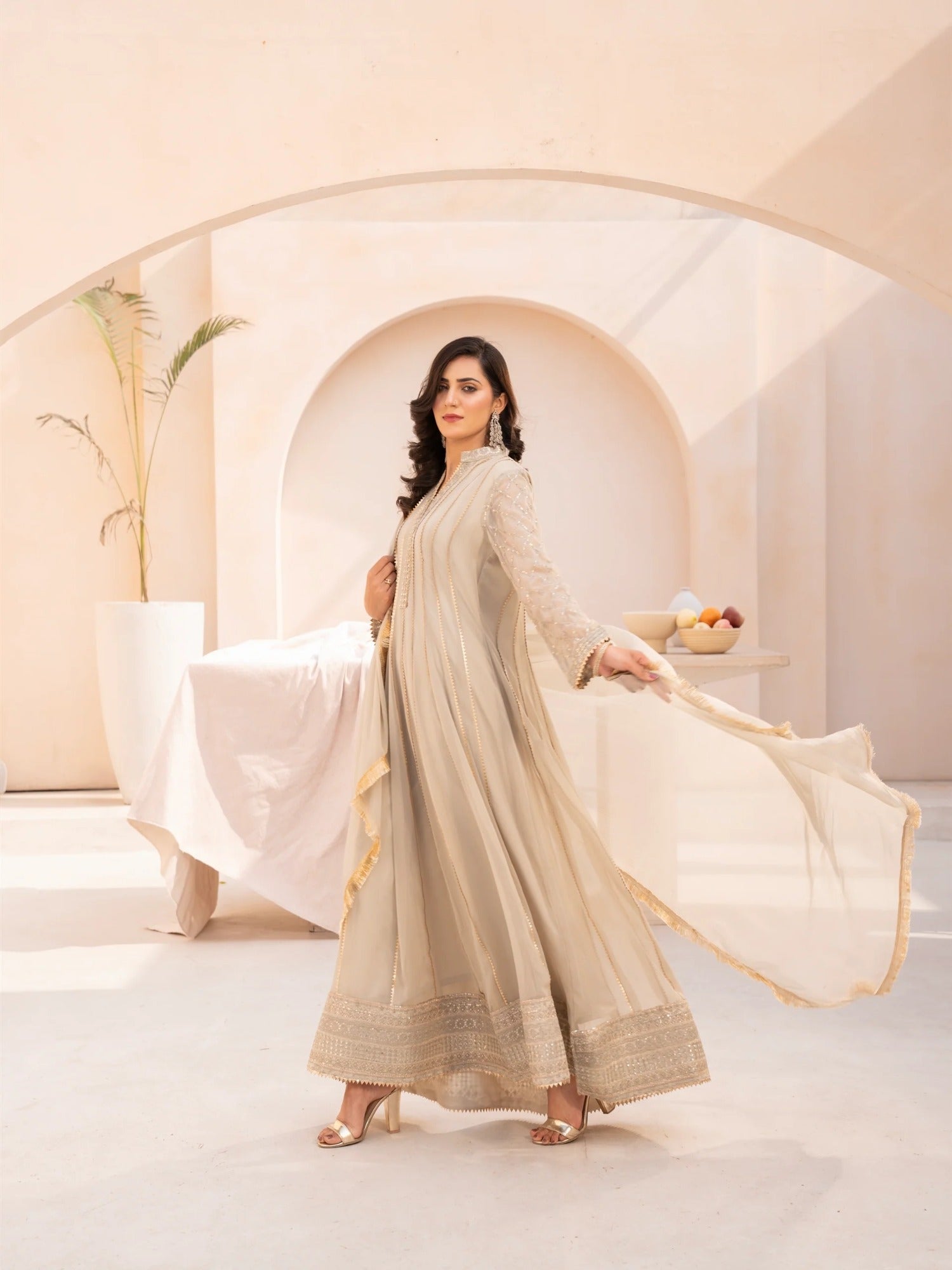 Beige Manahil Arts Chiffon Embroidered Stitched 3-Piece Suit-Maxi-106-Beige