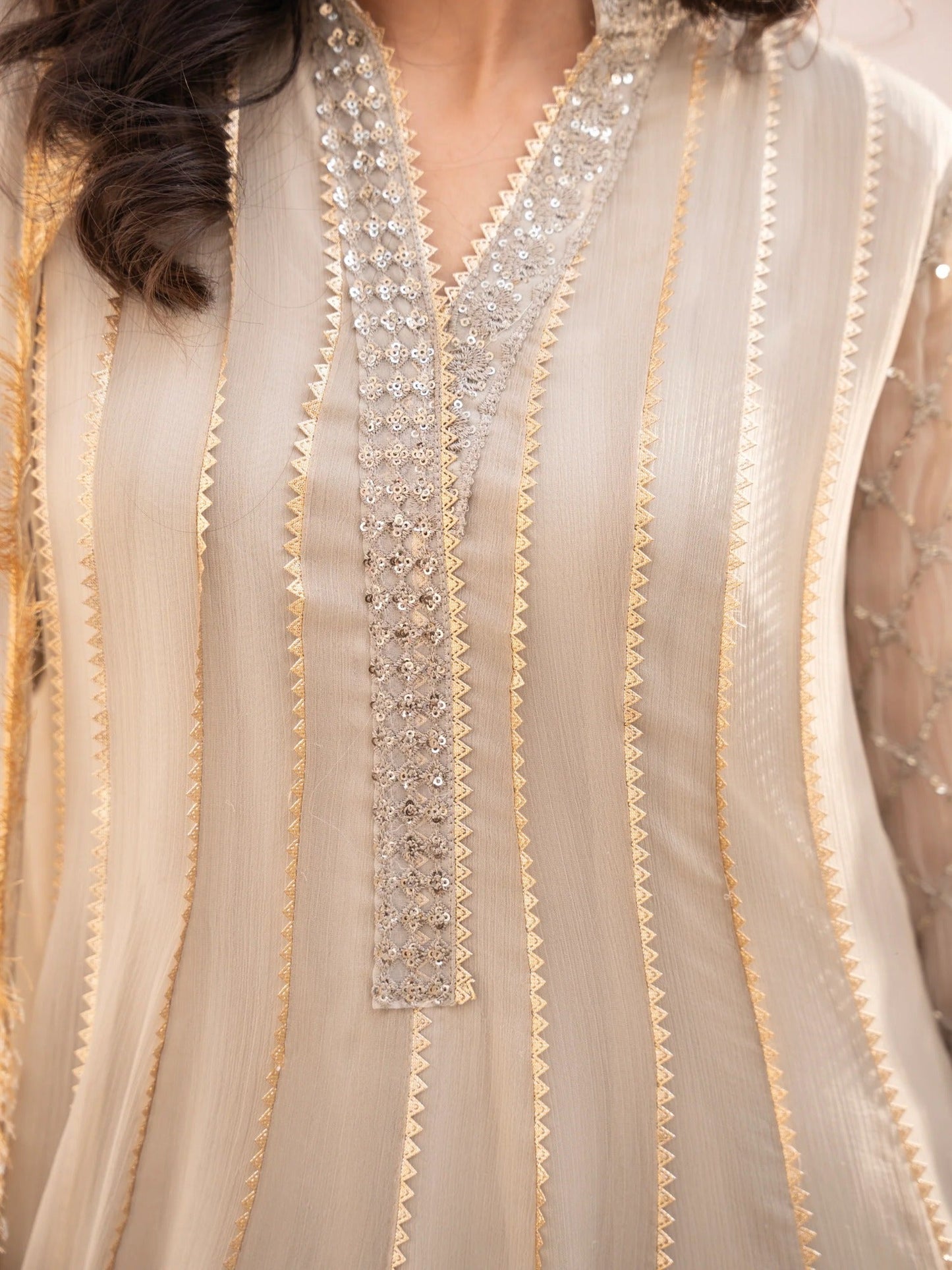 Beige Manahil Arts Chiffon Embroidered Stitched 3-Piece Suit-Maxi-106-Beige