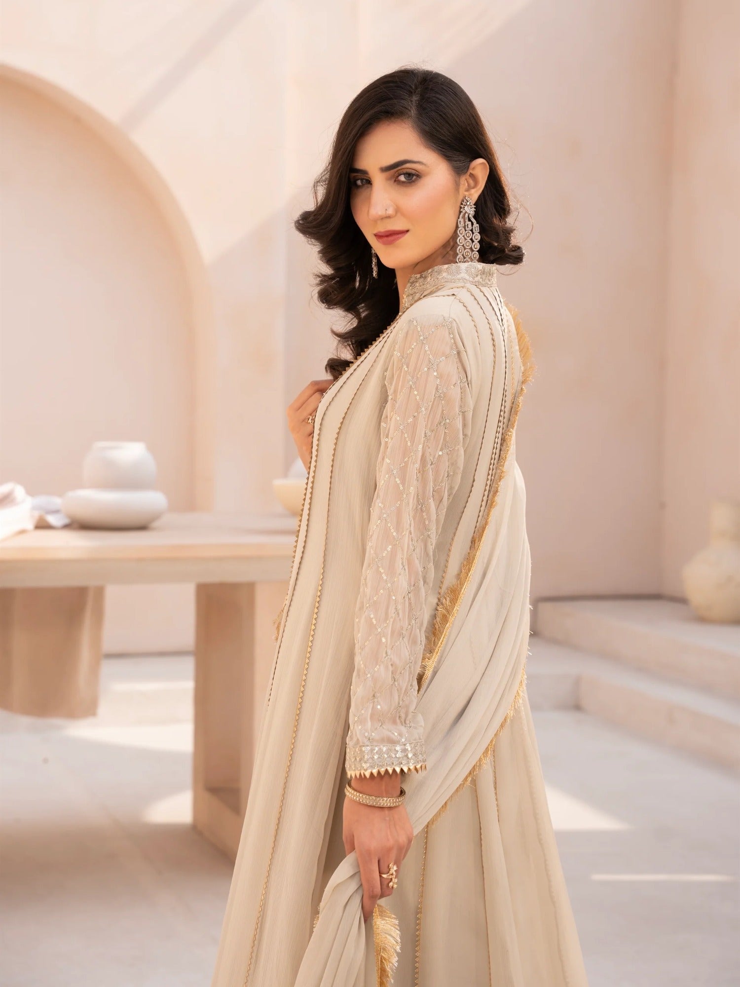Beige Manahil Arts Chiffon Embroidered Stitched 3-Piece Suit-Maxi-106-Beige