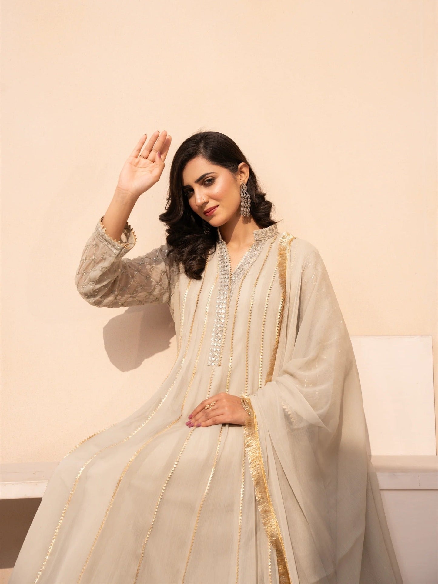Beige Manahil Arts Chiffon Embroidered Stitched 3-Piece Suit-Maxi-106-Beige