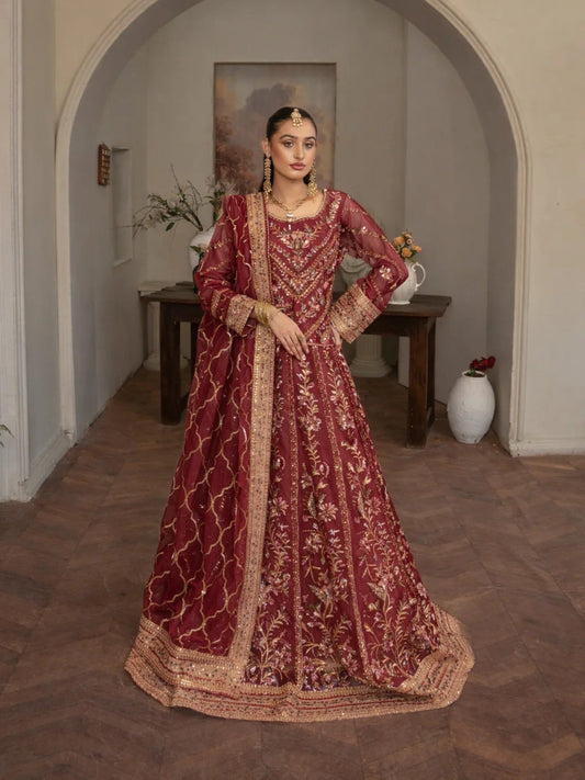 Maroon Manahil Arts Organza Embellished Stitched 3-Piece Lehnga-Luxury-001-Maroon